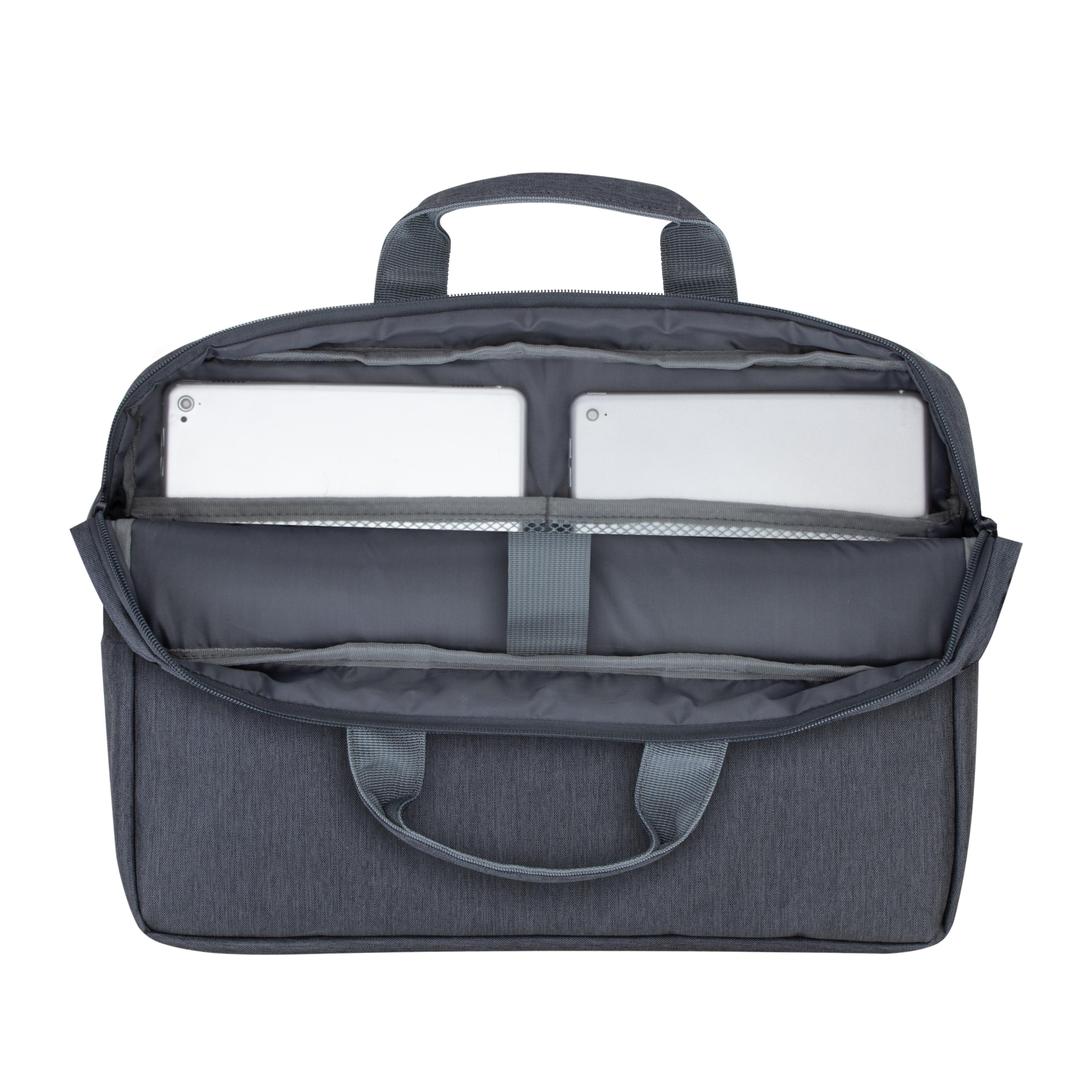 Graue Laptoptasche, offen, mit zwei Tablets. Graue Griffe und Reißverschluss.
