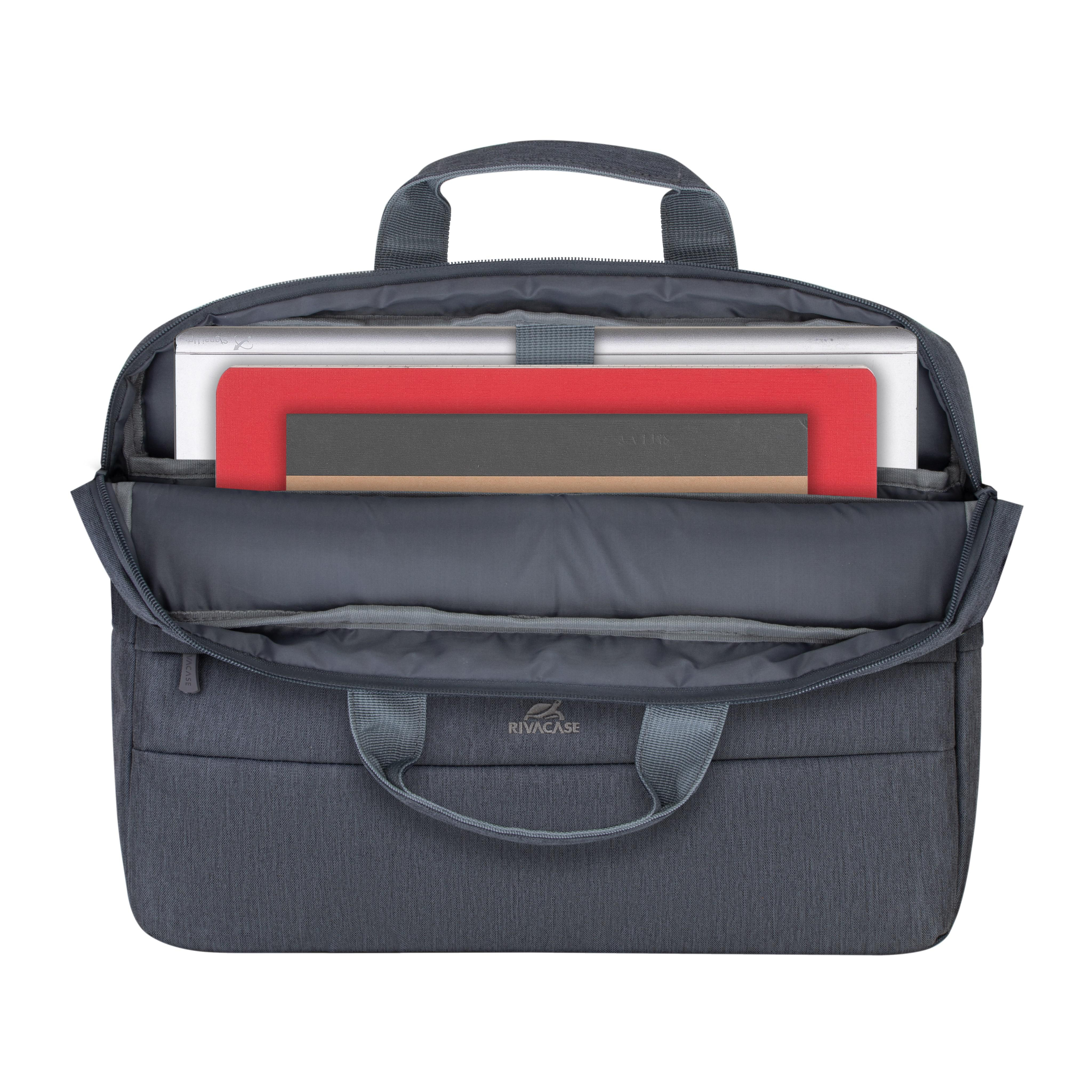Eine graue Laptoptasche, geöffnet, um einen Laptop, ein rotes Notizbuch und andere Gegenstände zu zeigen.