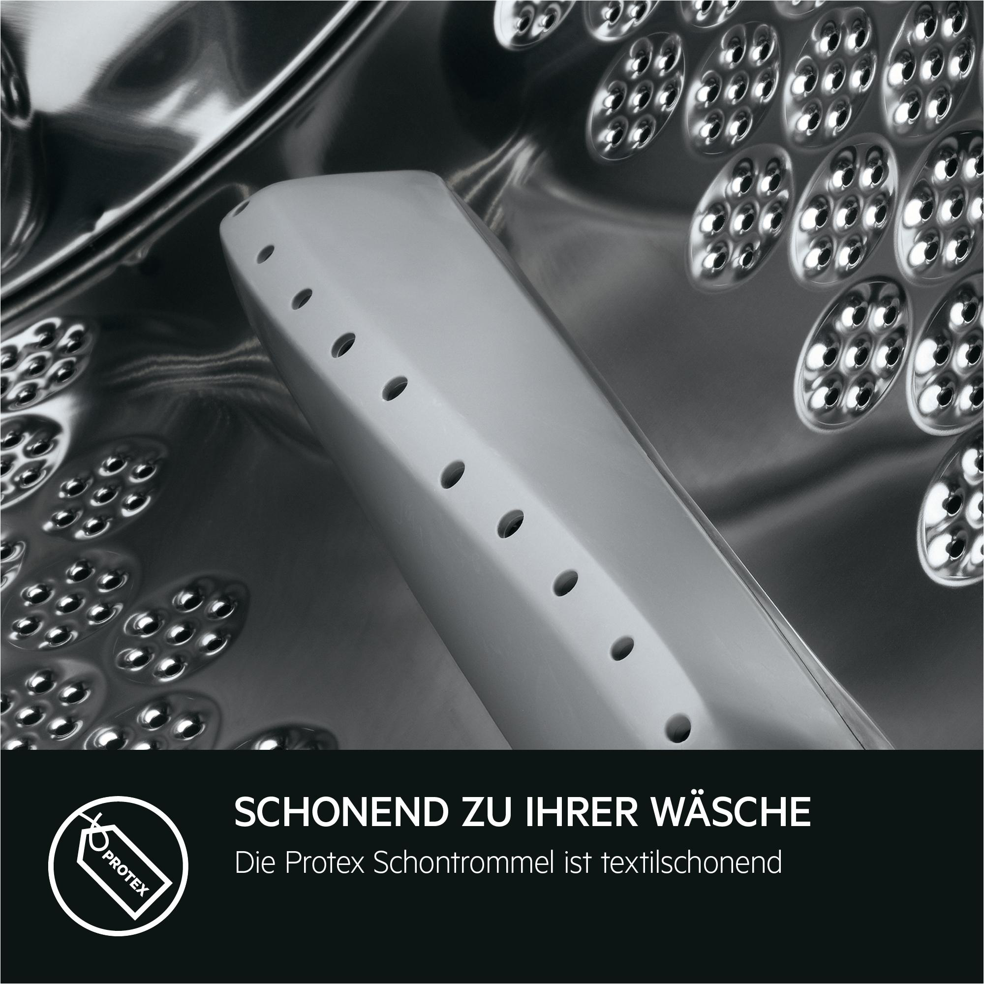 Waschmaschinentrommel-Innenraum. Text lautet: "SCHONEND ZU IHRER WÄSCHE" über einem Logo.