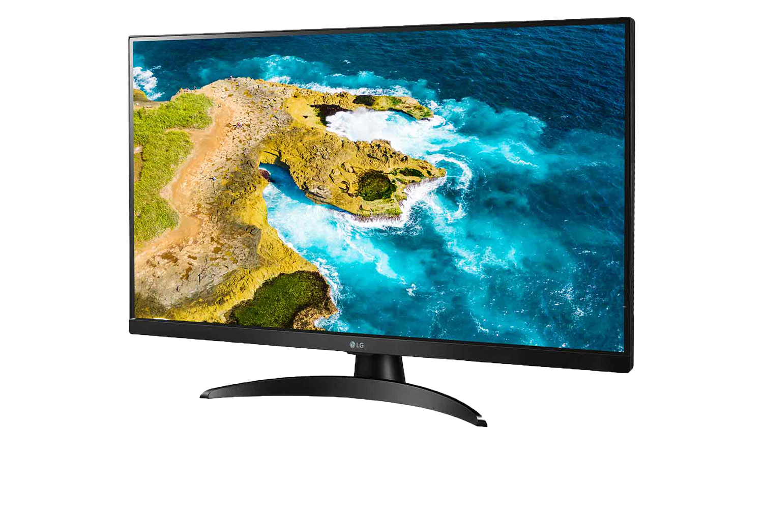 LG-monitor toont een kustlandschap met kliffen, turquoise water en golven. De monitor heeft een zwarte rand en standaard.