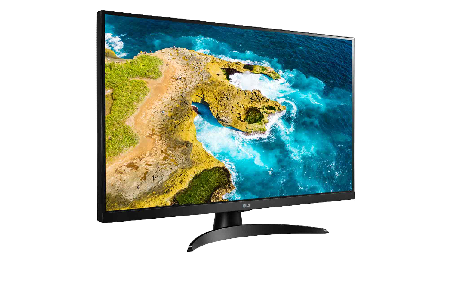 Een LG-monitor toont een kustlandschap. Rotsen en groene vegetatie ontmoeten de blauwe oceaan. De monitor heeft een zwart frame en voet.