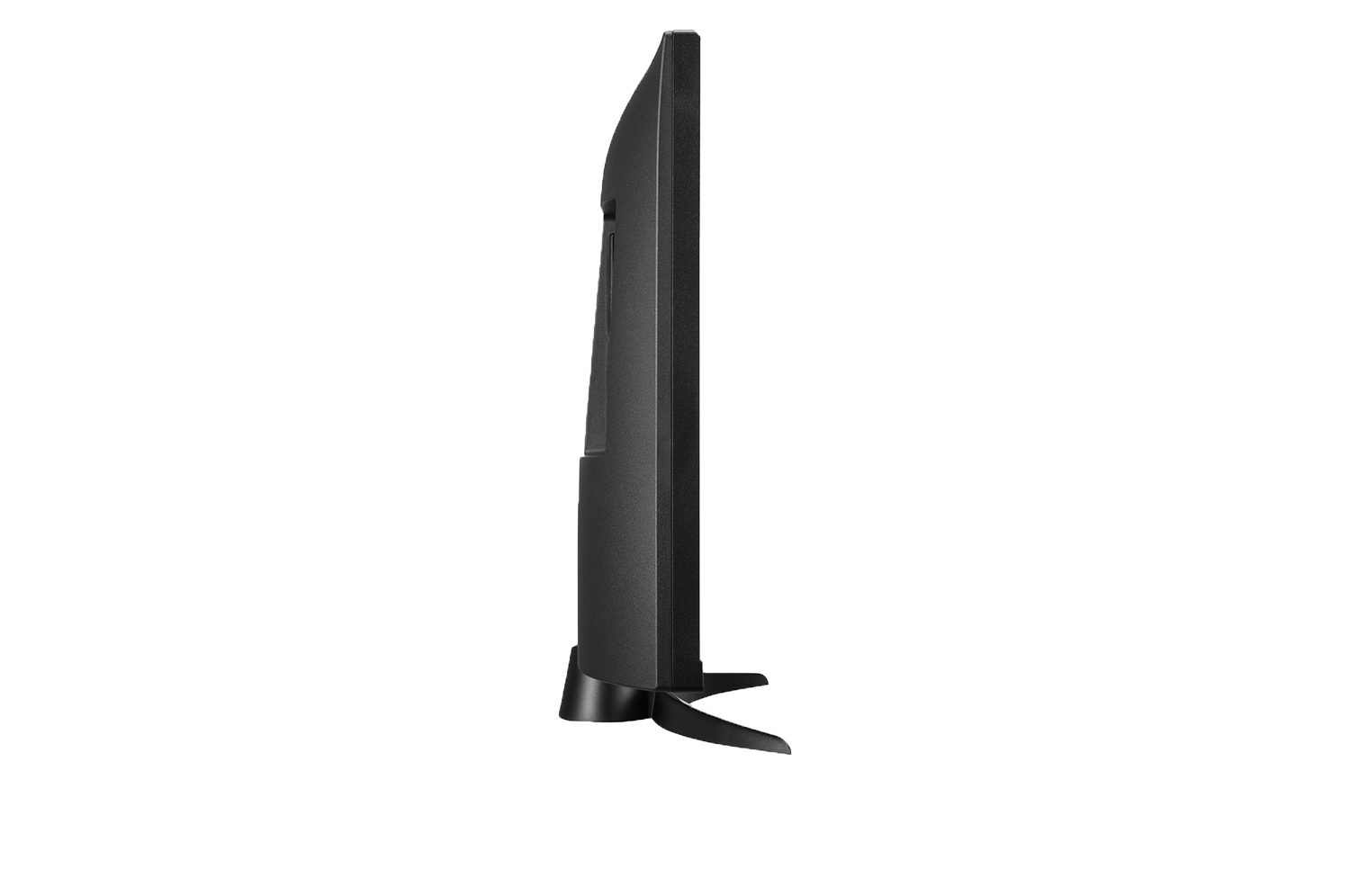Zijaanzicht van een zwarte flatscreen-televisie. De tv is iets schuin geplaatst, met het slanke profiel en de standaard.