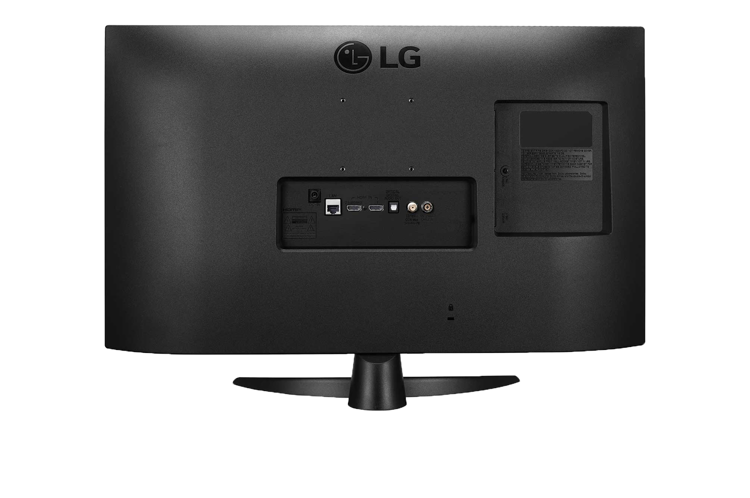 Achterkant van een zwarte LG-monitor, met poorten en connectoren. De standaard is zwart, het logo staat bovenaan.