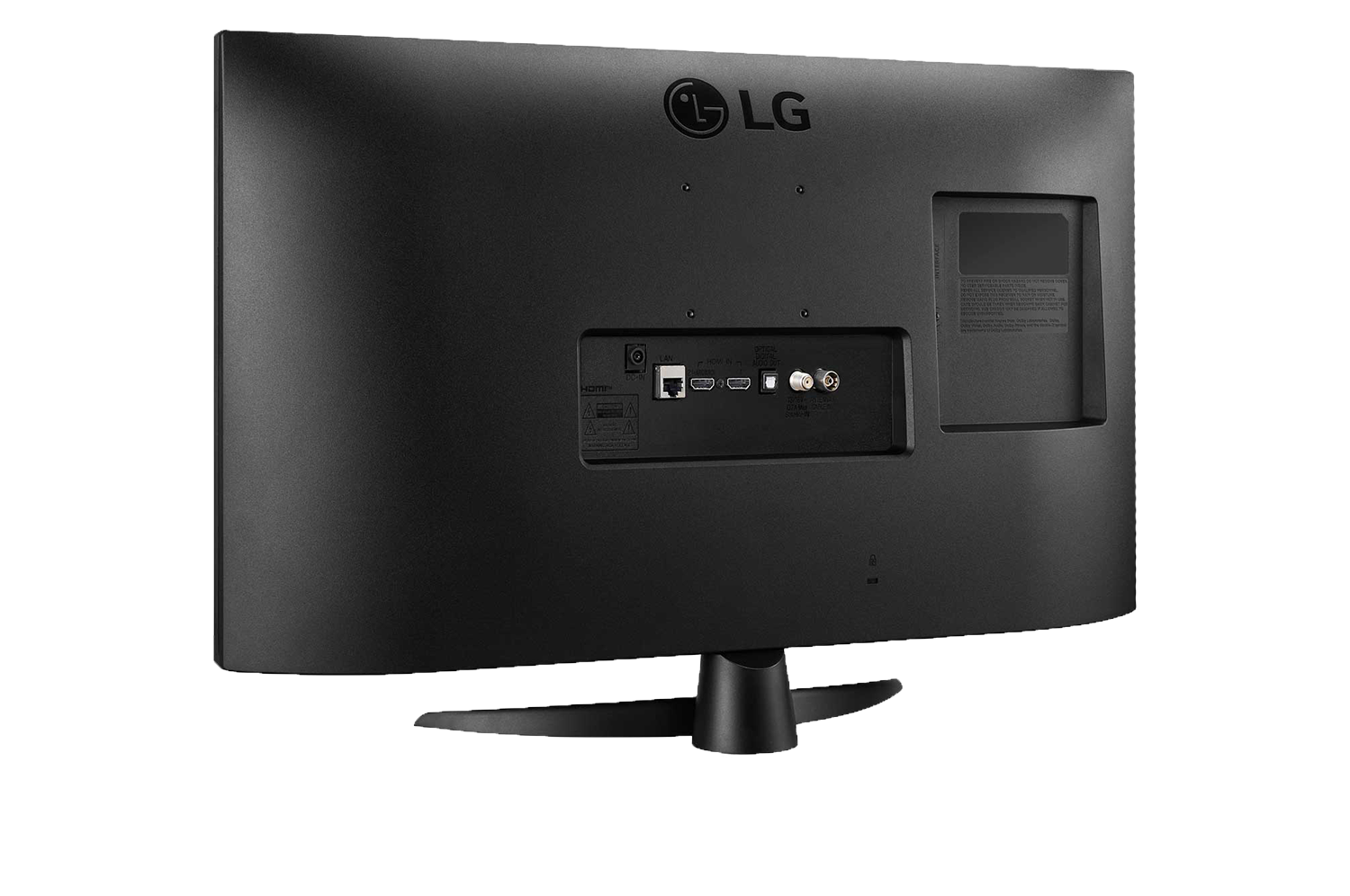 Zwarte LG-monitor achterkant. Poorten zijn HDMI, LAN en een coaxiale ingang. De standaard is zwart en gebogen.