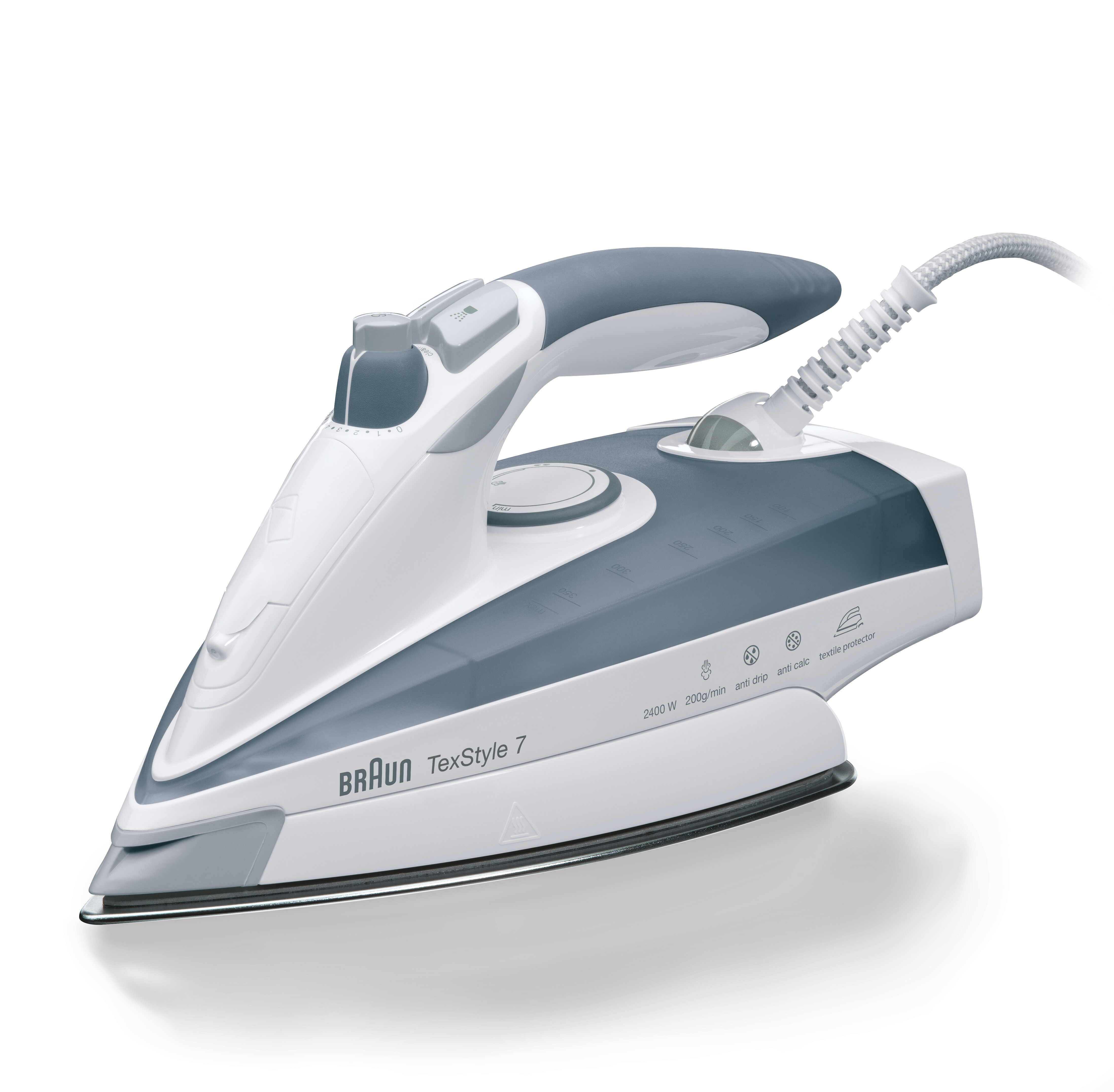 Braun TexStyle 7 Bügeleisen, weiß und grau, mit Kabel, auf weißem Hintergrund.