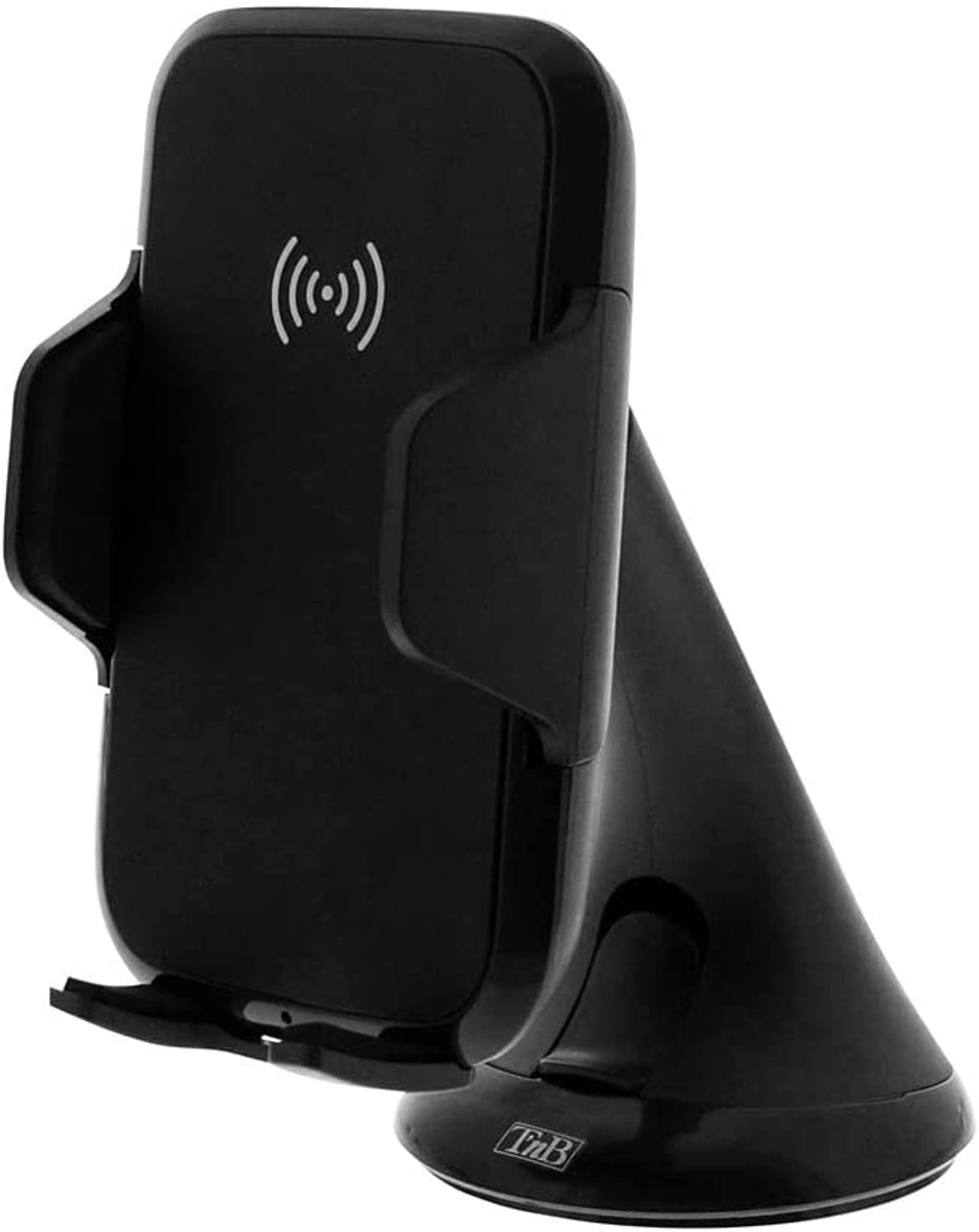 Support de téléphone de voiture noir avec recharge sans fil, sur un socle.