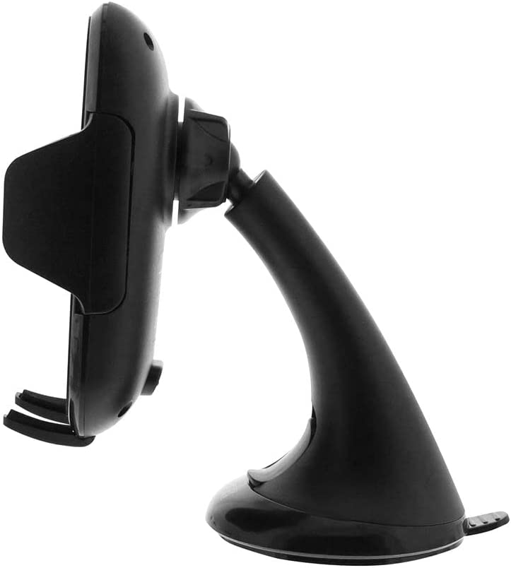 Un support de téléphone noir. Il a un bras incurvé et une base à ventouse. Fond blanc.