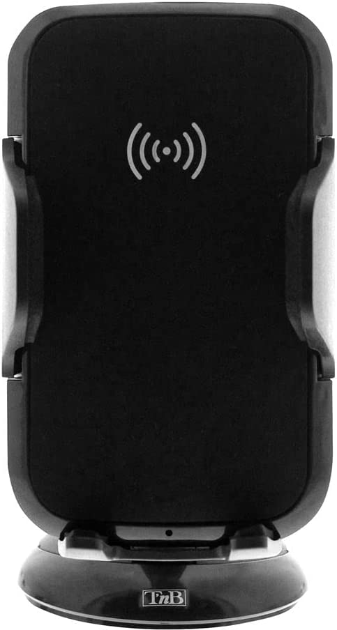 Chargeur de téléphone sans fil noir avec un symbole d'alimentation.
