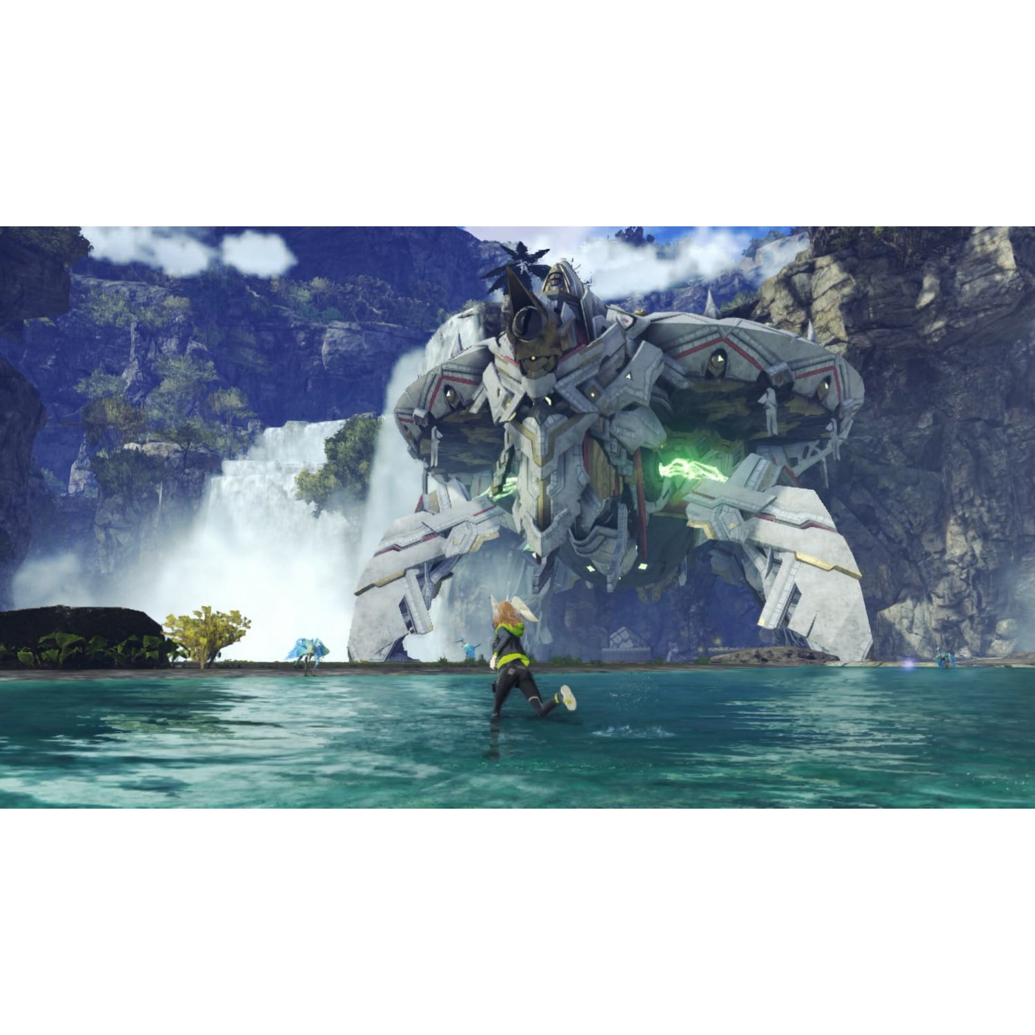 Un personaje de un juego está en el agua cerca de un robot gigante, con una cascada al fondo.