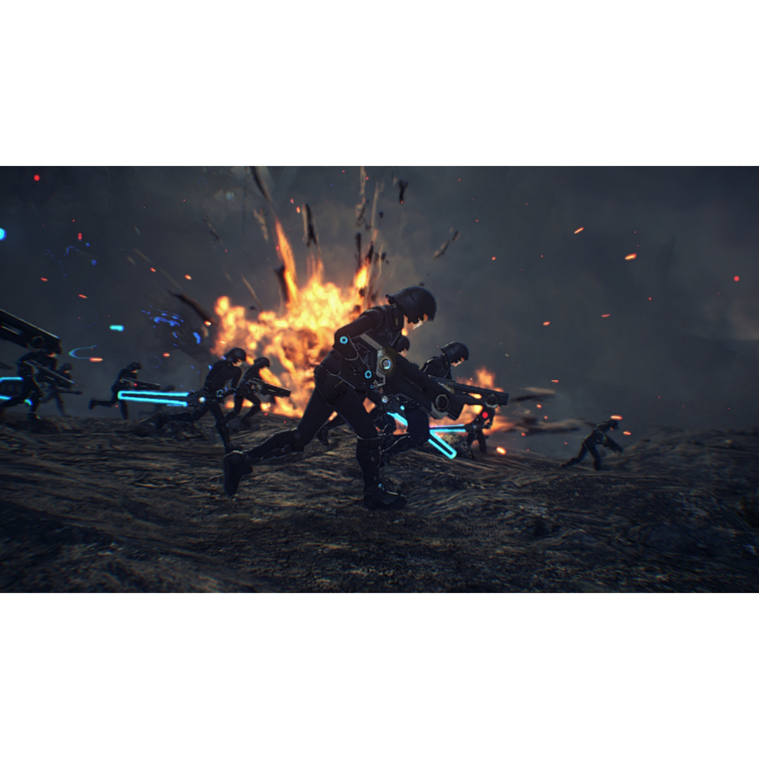 Escena de ciencia ficción con soldados corriendo hacia una explosión. Llevan equipo negro con luces azules.