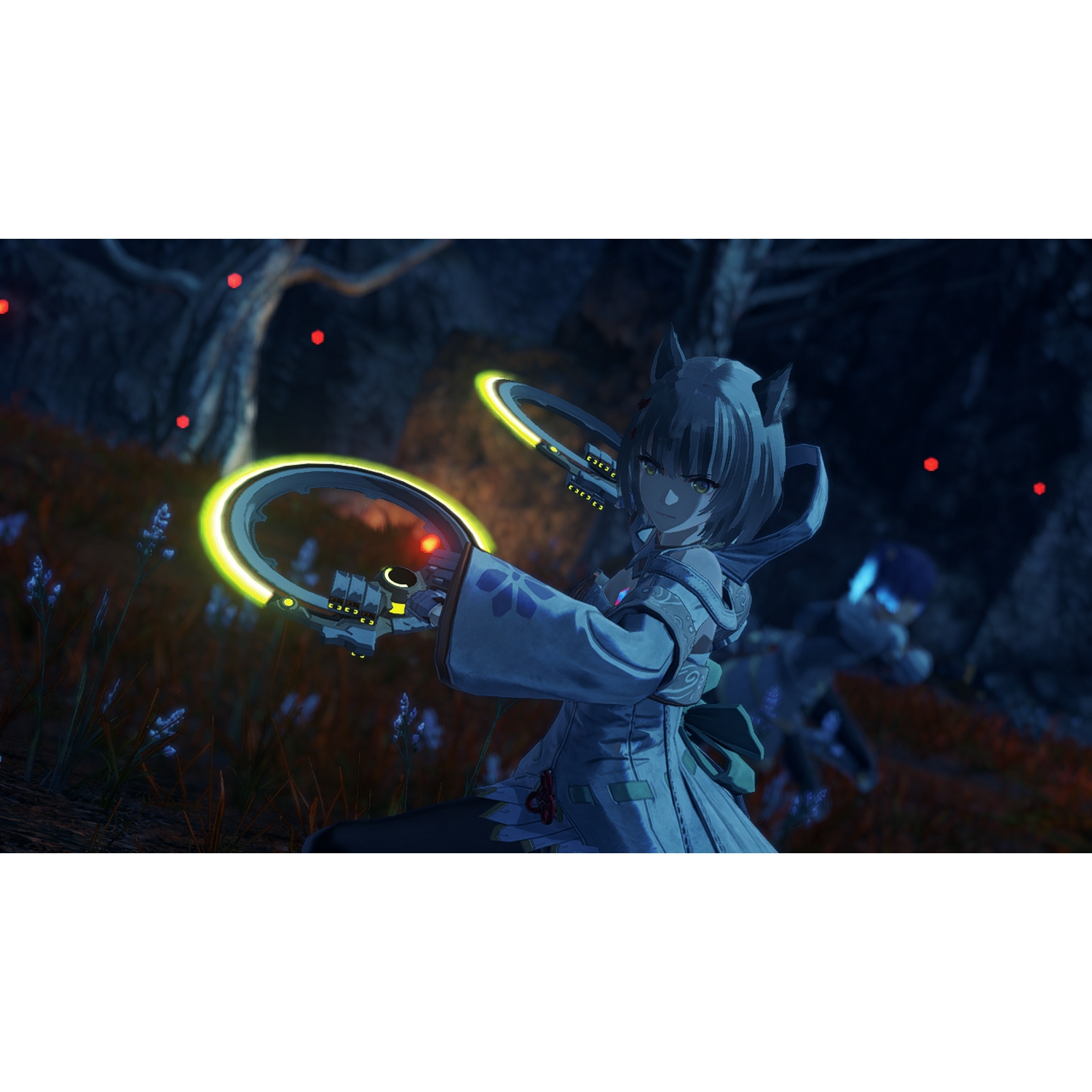 Un personaje de anime femenino con anillos brillantes.