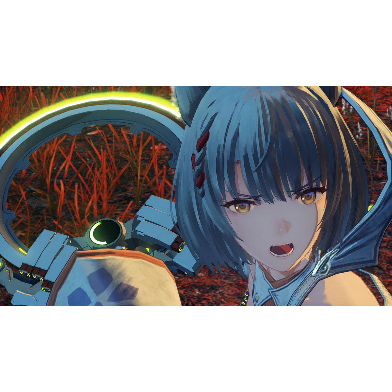 Chica anime con pelo azul y un arma, mirando a la cámara, en un campo.