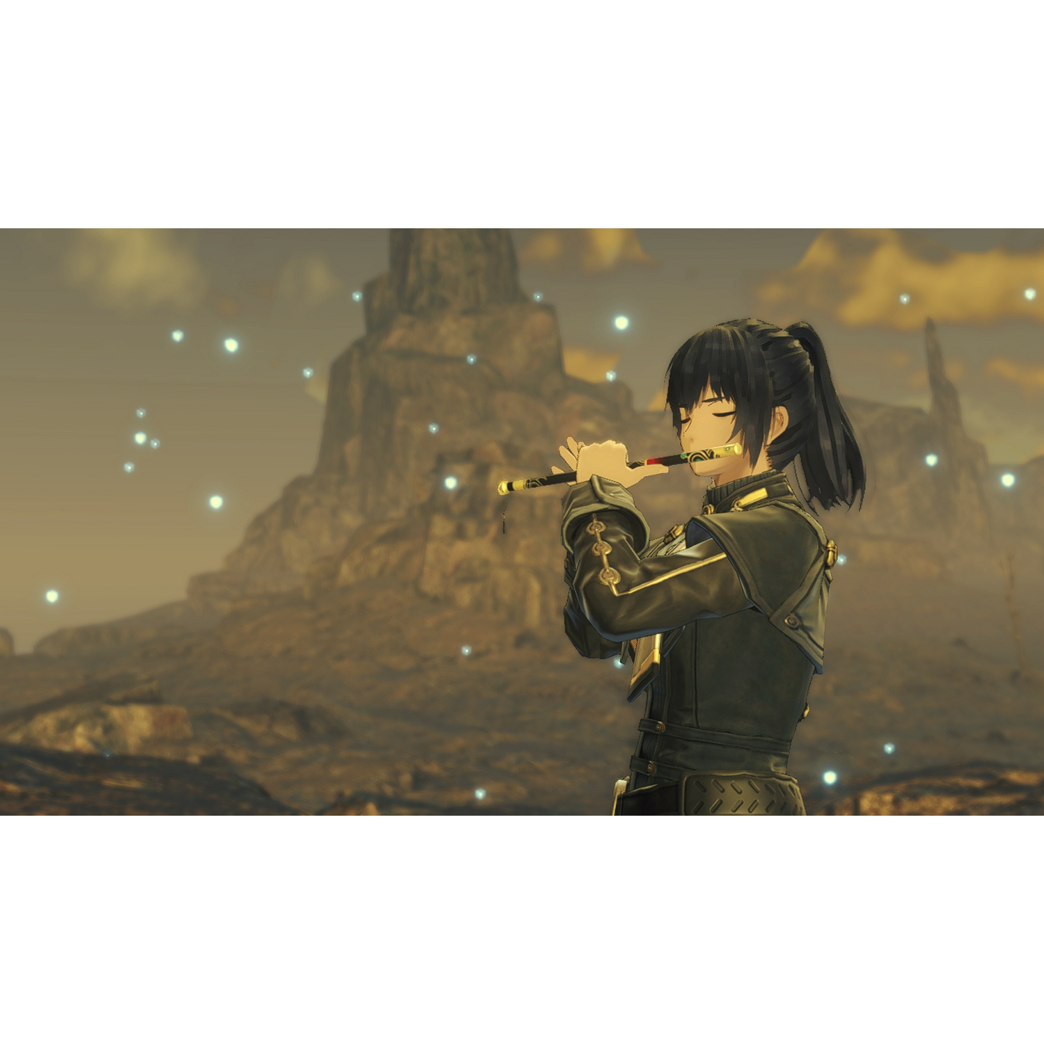 Personaje de anime toca una flauta en un paisaje con montañas. El cielo está nublado.