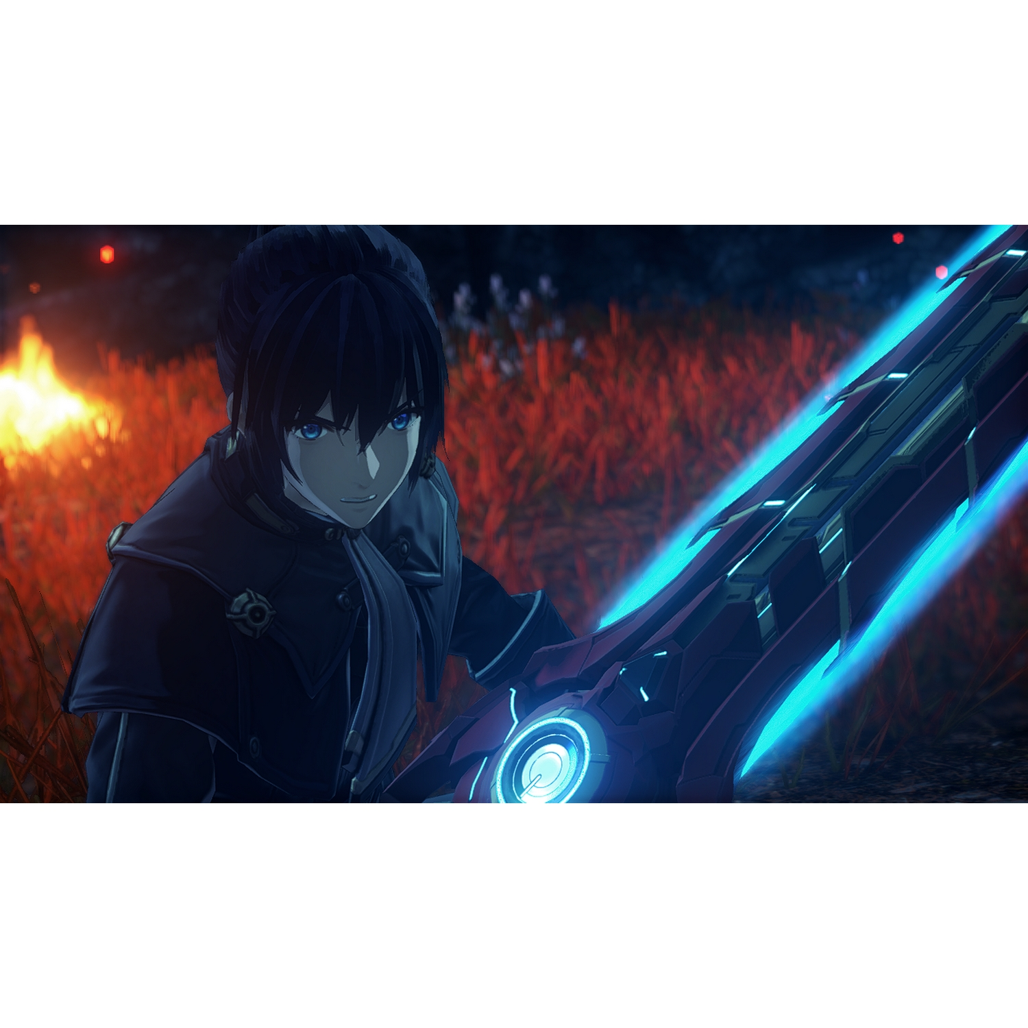 Personaje de anime con ojos azules, empuñando una espada brillante. Fondo ardiente.