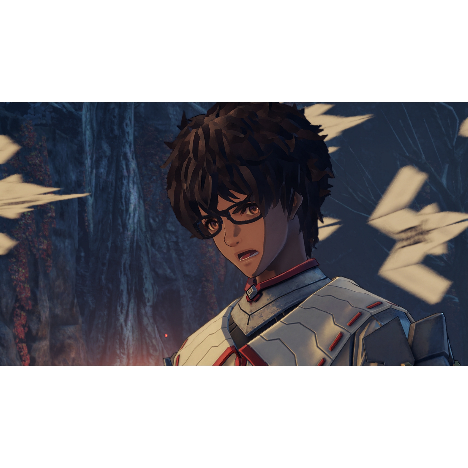 Personaje de anime con gafas, sorprendido, en escena con fondo oscuro.