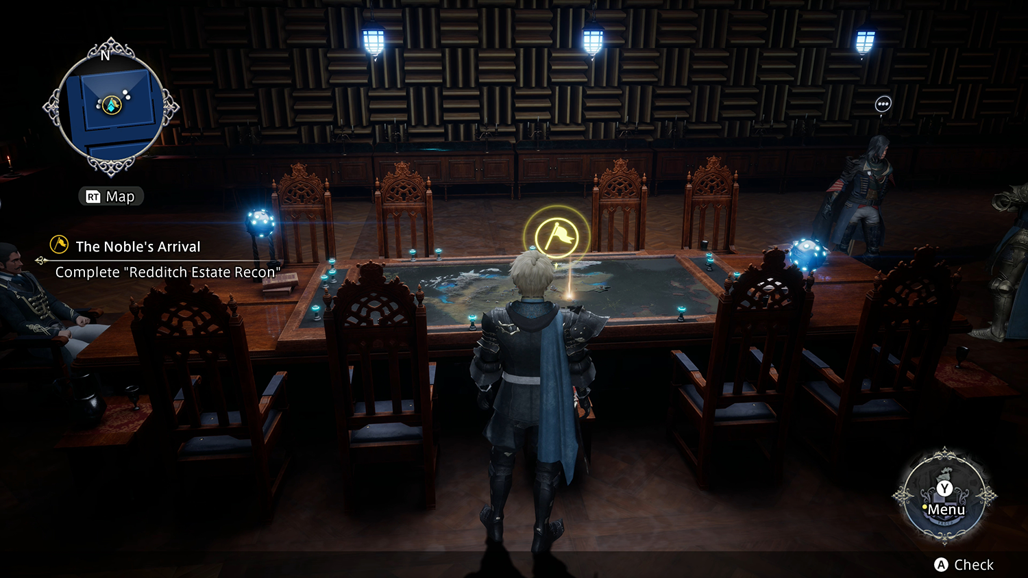 Videogame scène met personages aan tafel, kaart op tafel.