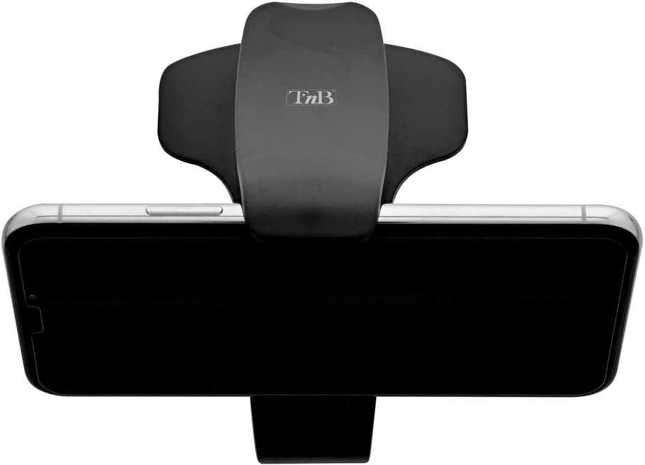 Support de téléphone noir avec un téléphone attaché, vu d'en haut. Le téléphone est vierge.