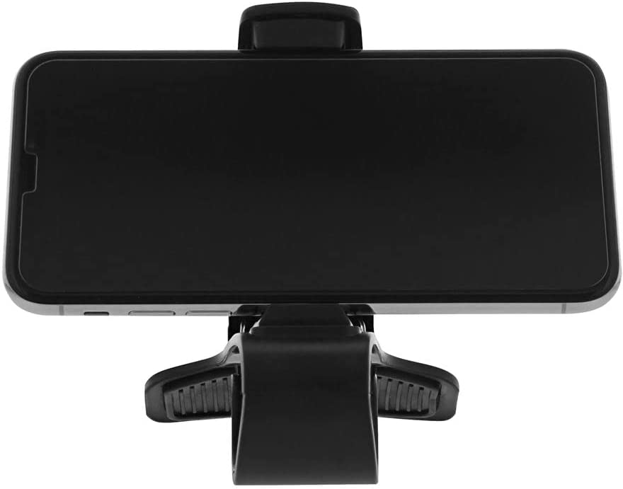 Un support de téléphone noir avec un téléphone attaché, vu d'en haut.