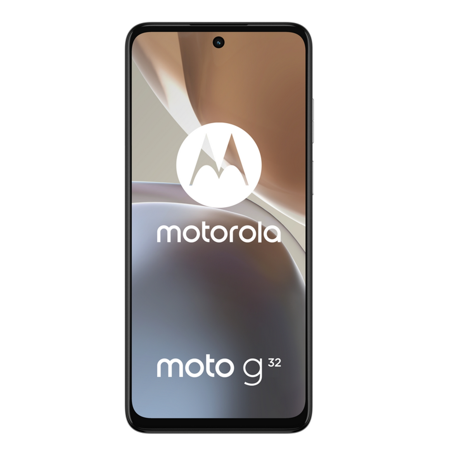 Un smartphone negro Motorola Moto G32. La pantalla muestra el logo de Motorola y un fondo beige.