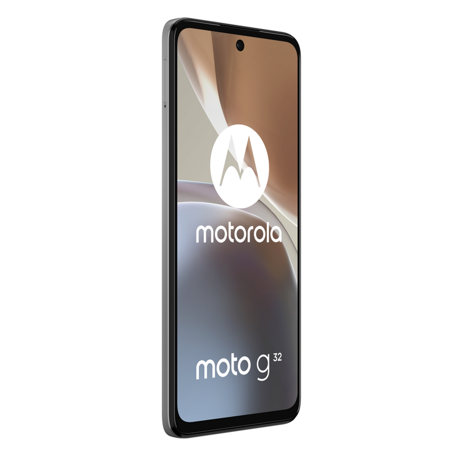 Smartphone Motorola Moto G32, marco plateado, pantalla grande.