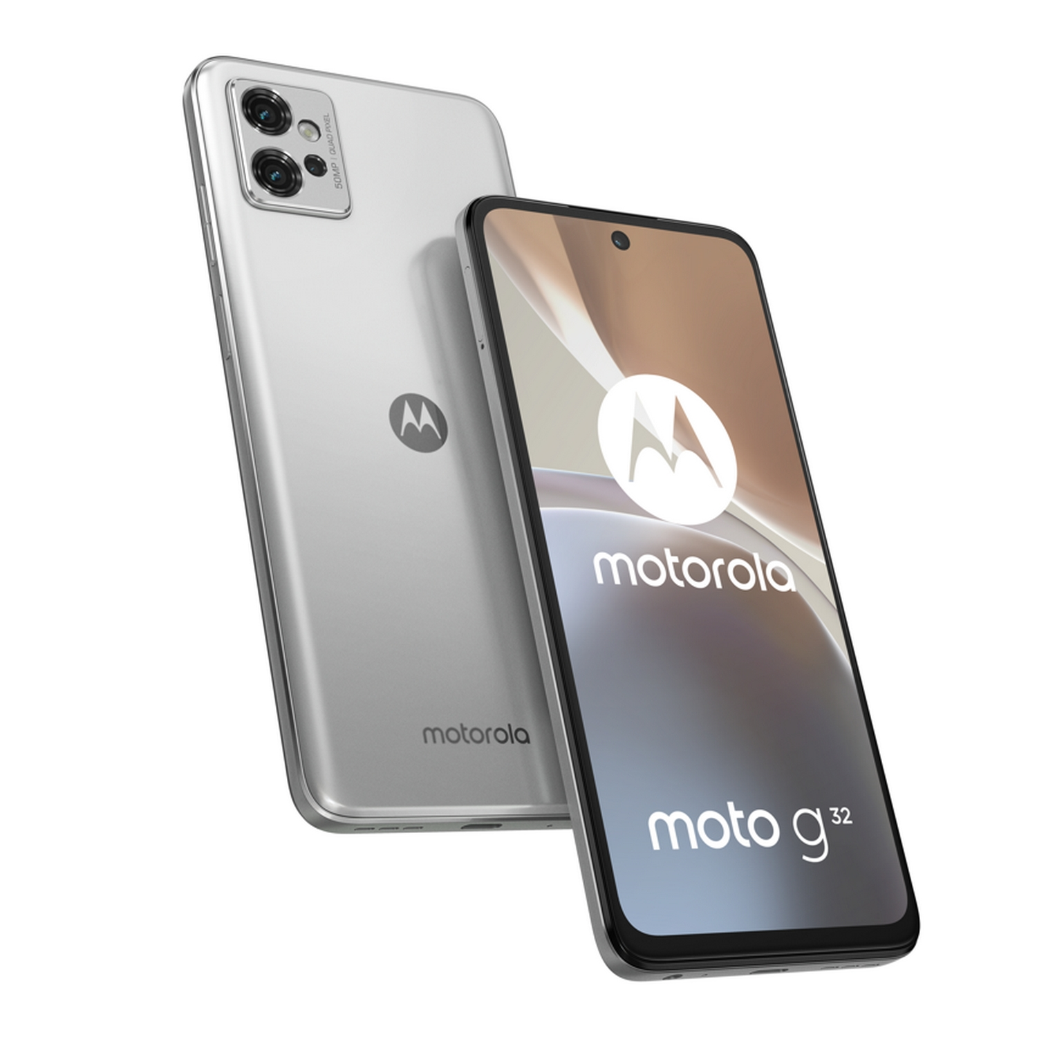 Dos teléfonos plateados Motorola Moto g32, uno abierto mostrando la pantalla, otro en la parte trasera.