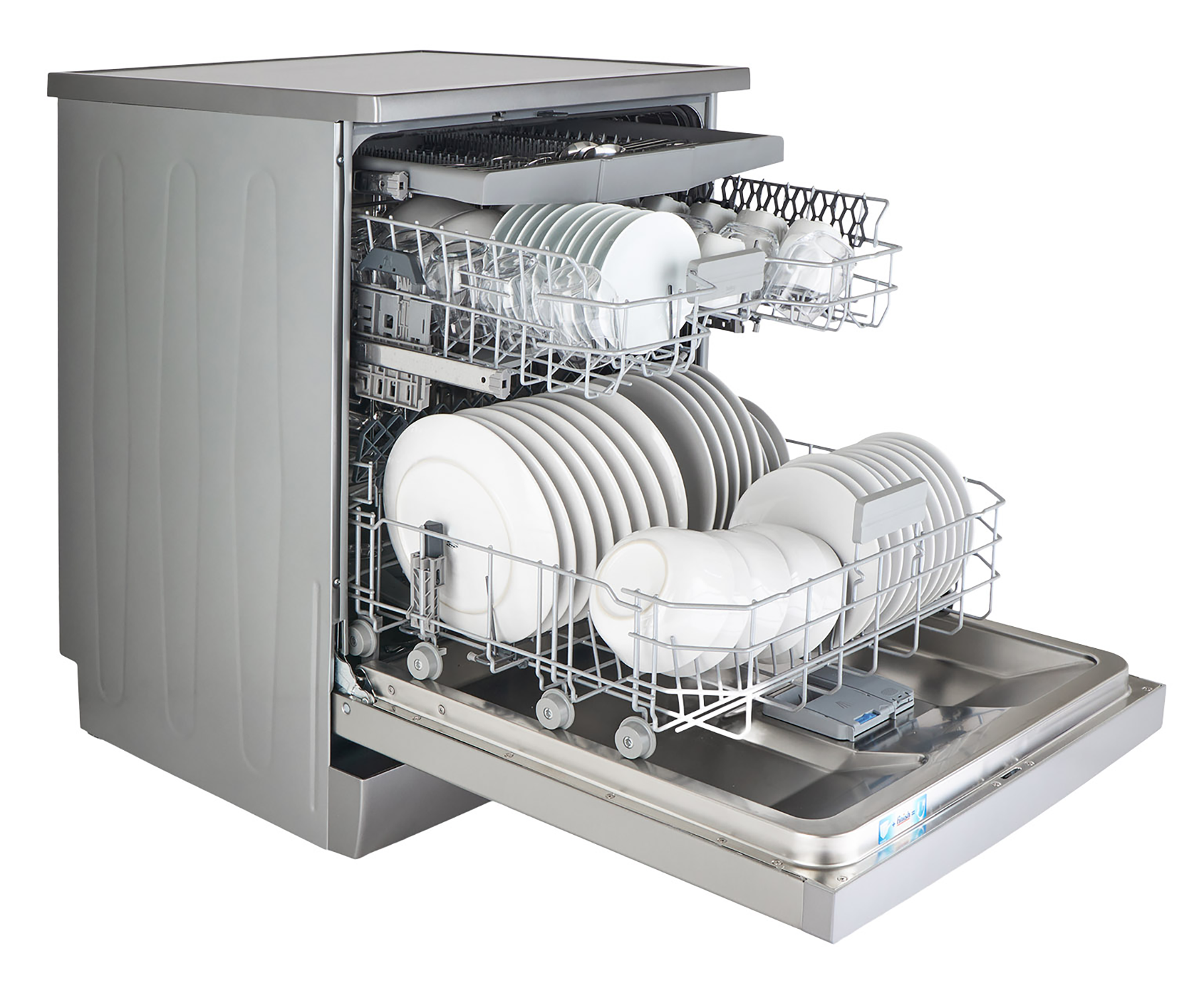 A stainless steel dishwasher with the door open, filled with clean white plates and dishes.