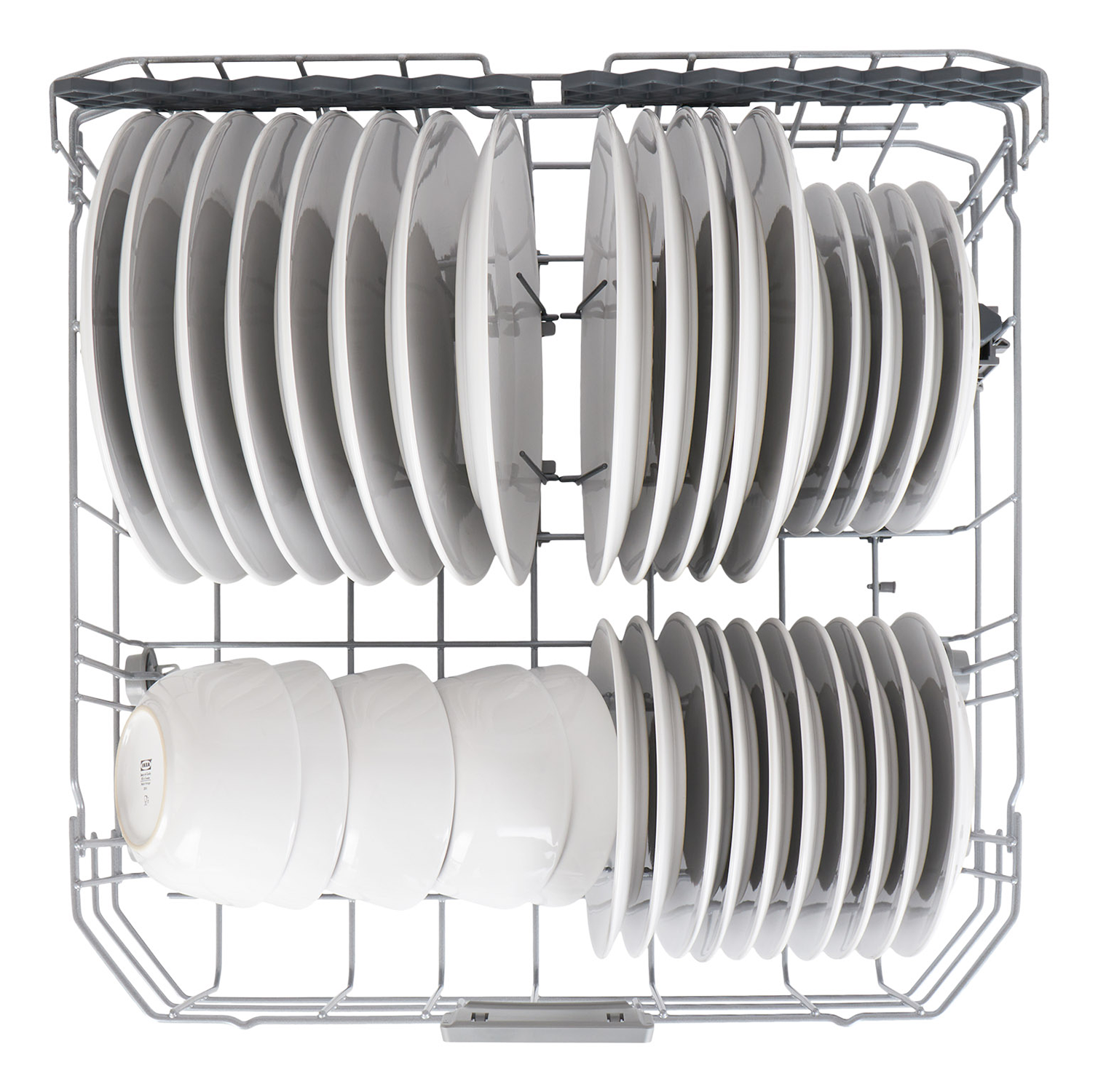 A dishwasher rack with plates. There are many white plates on two shelves.