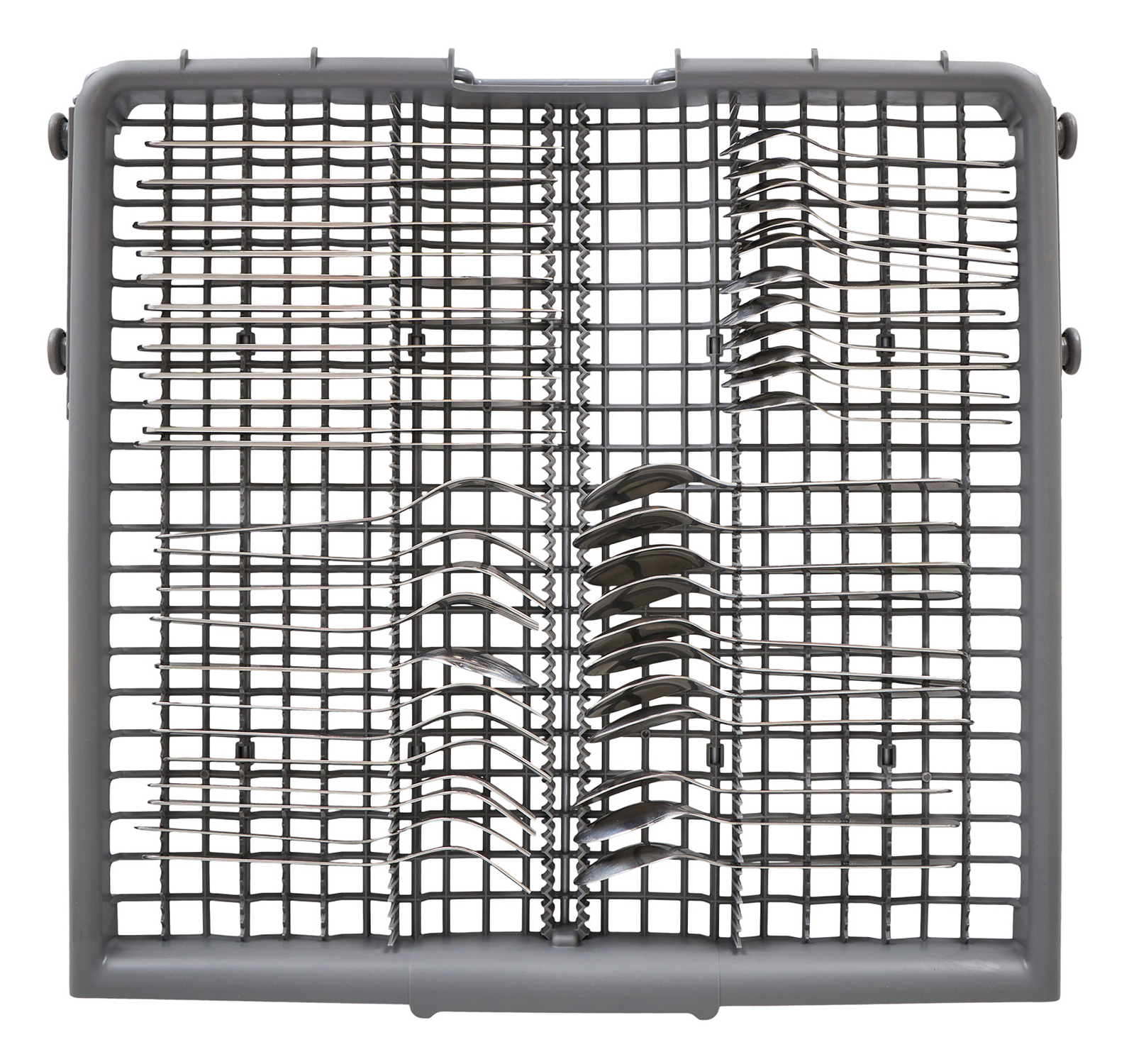 Dishwasher cutlery basket with multiple slots for silverware.