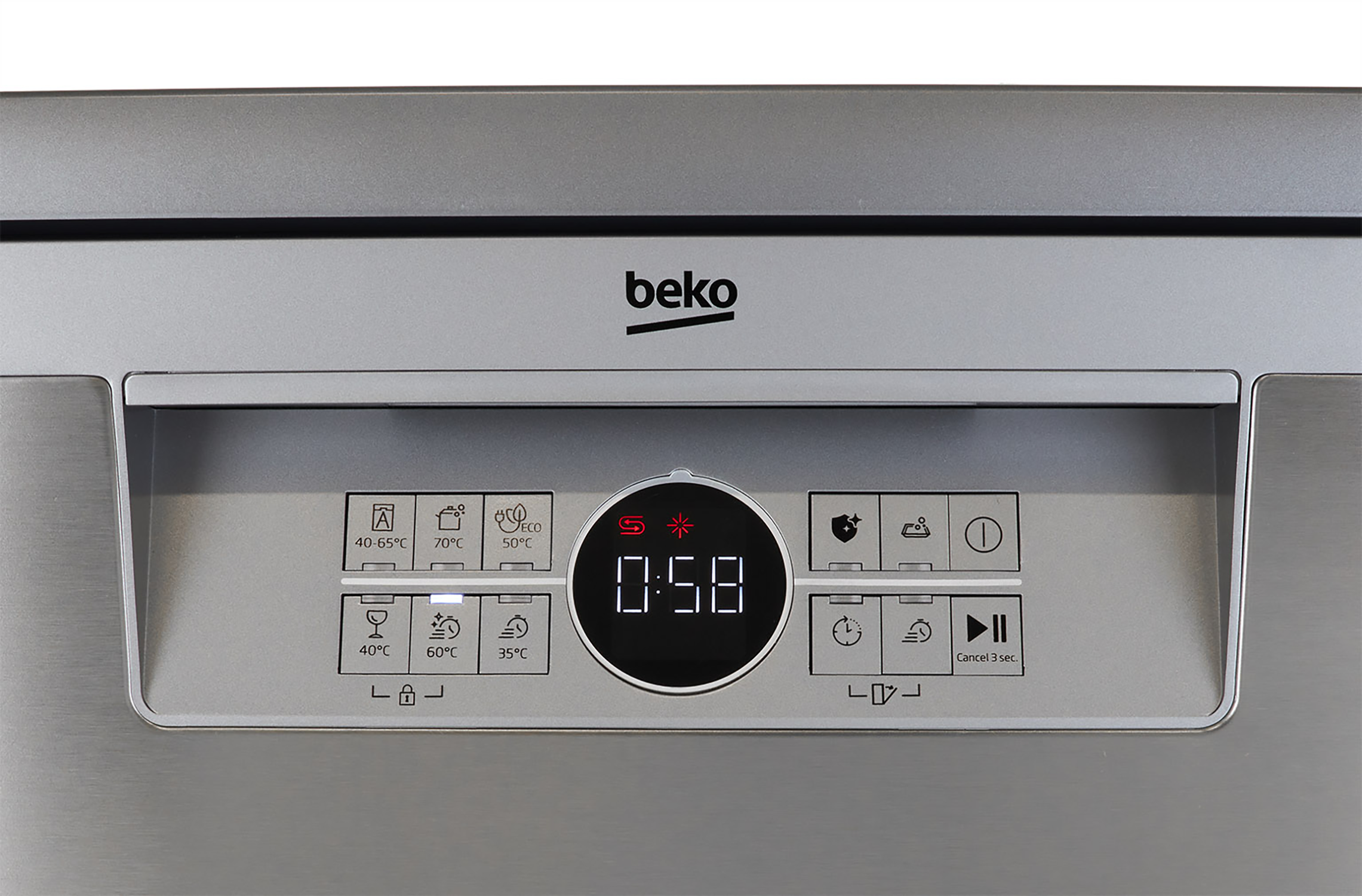 Dishwasher control panel with a digital display showing time, and several icons.