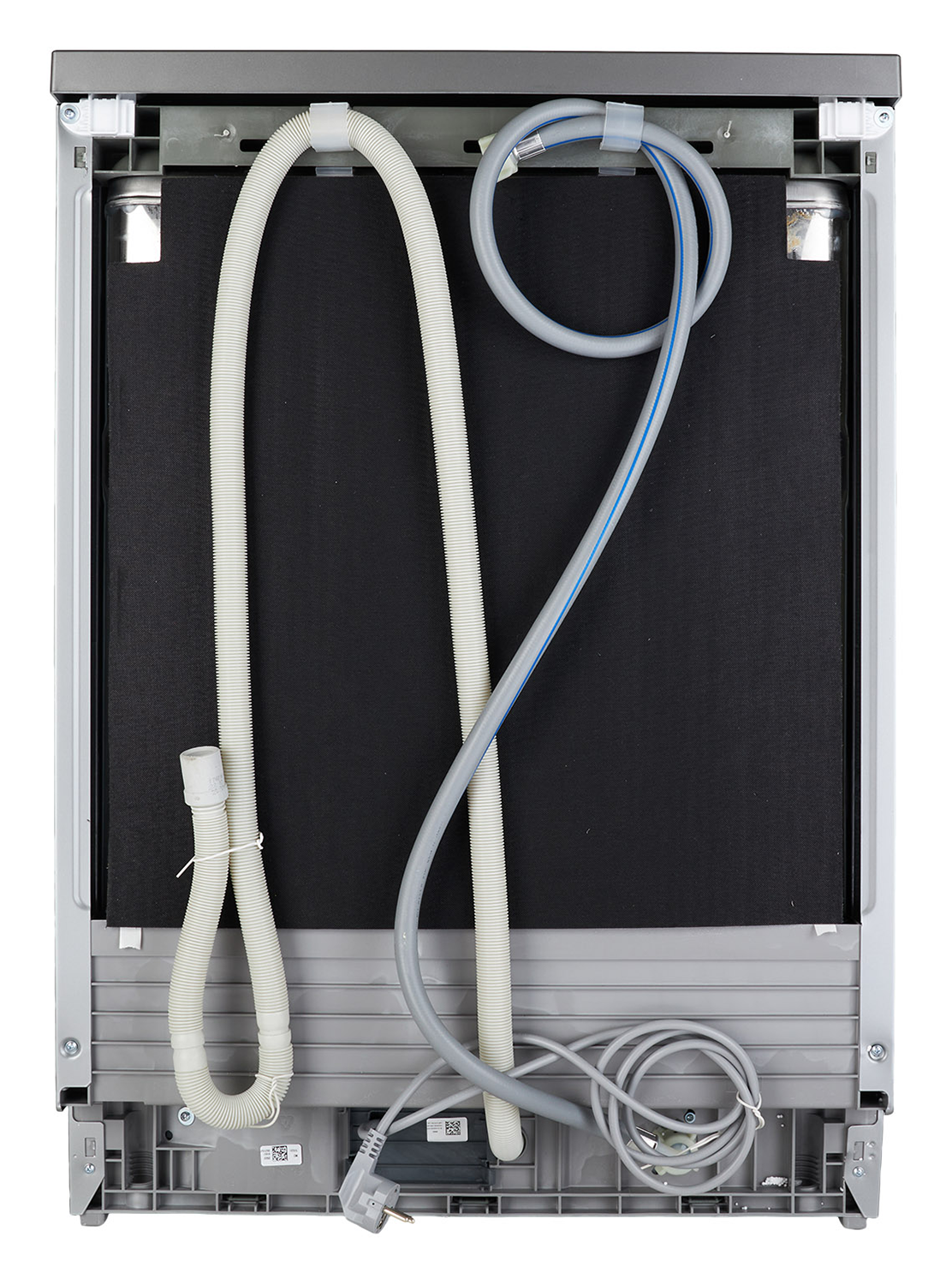 Underside of a dishwasher showing tubes, wires, and components.