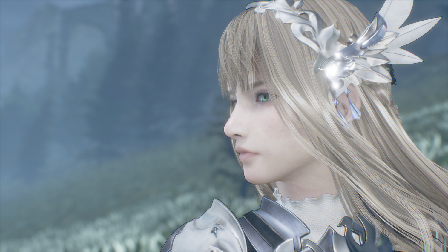 A woman with long blonde hair and a silver headpiece. Profile view, soft background.