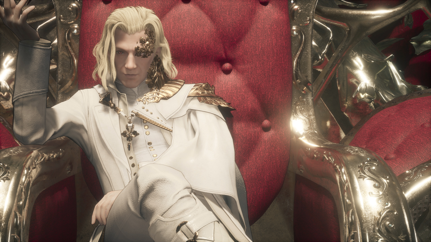 A blonde man in ornate robes sits on a red throne. Gold details and a decorative background.