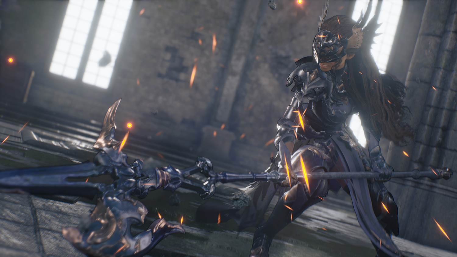 A warrior in armor fighting, with a weapon in a stone environment, sparks flying.