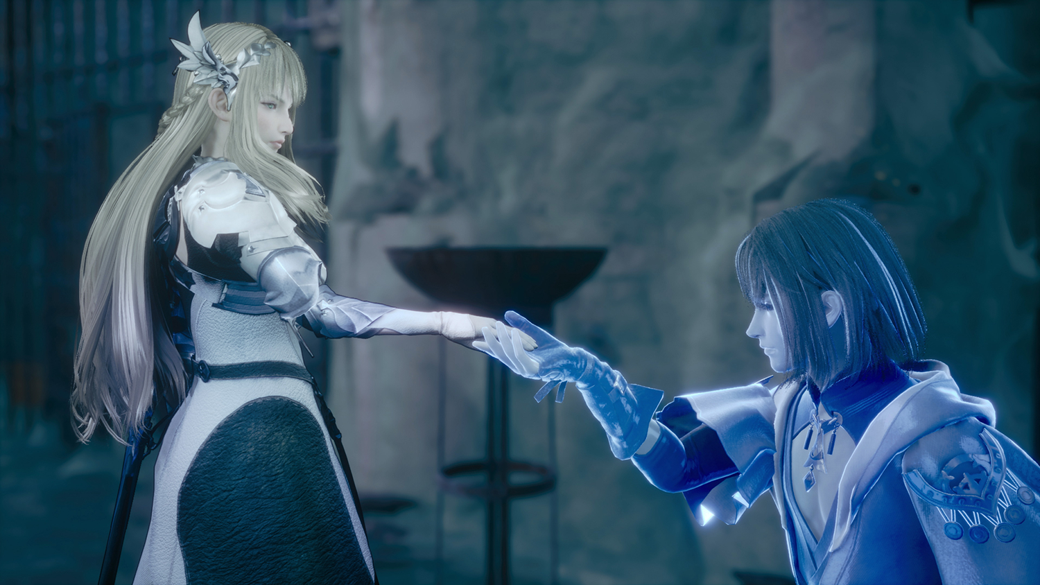 Two anime characters, a woman in white and a man in blue, touching hands in a dimly lit room.