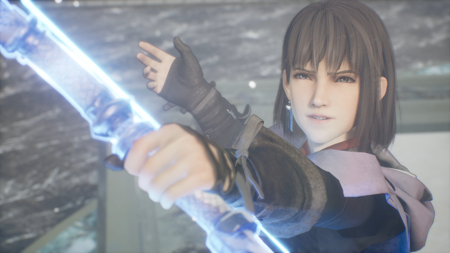 A character from a video game aiming a glowing bow and arrow.