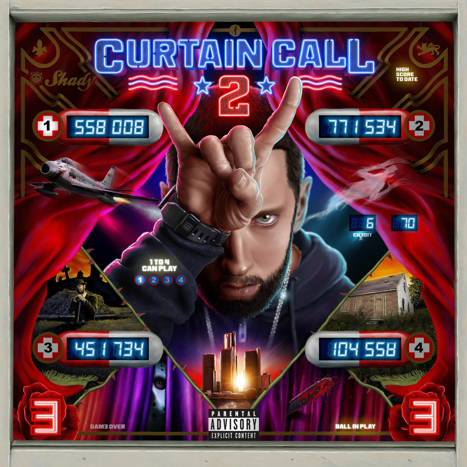 Eminem-Albumcover: Flipperautomat-Design, 'Curtain Call 2' mit Spielständen und Pistole.