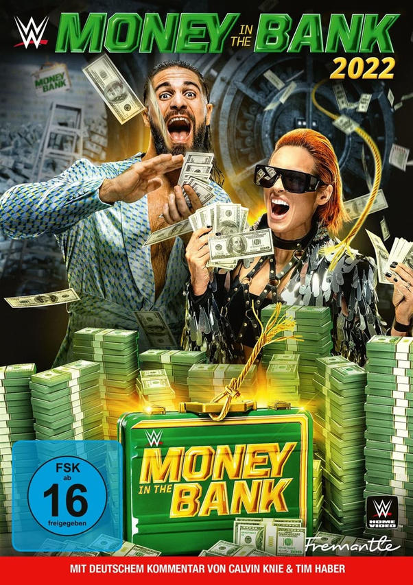 DVD-Cover mit Wrestlern und Geld, Titel 'MONEY IN THE BANK 2022'.
