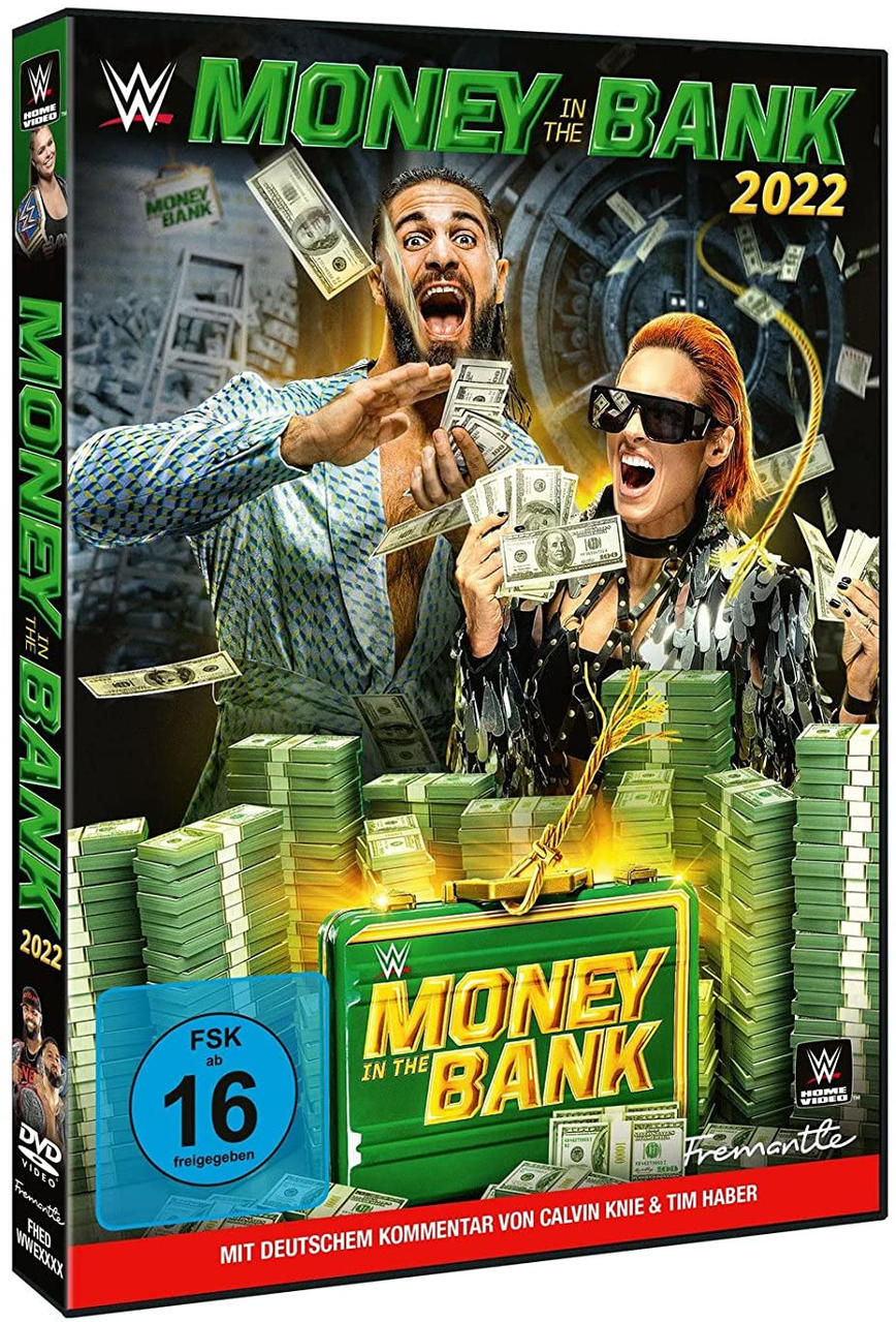 DVD-Cover von 'WWE Money in the Bank 2022'. Zwei Wrestler mit Geld und einem grünen Aktenkoffer werden gezeigt.