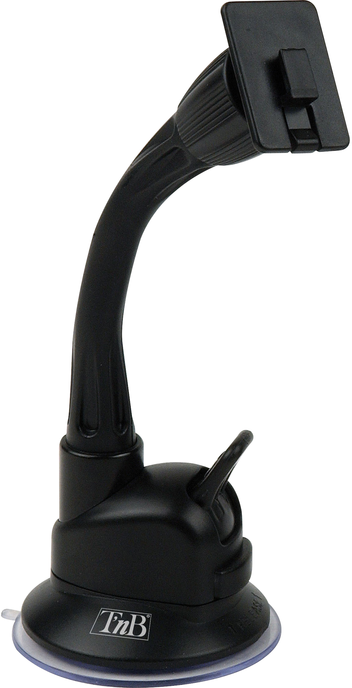 Support de téléphone de voiture noir avec bras flexible et base à ventouse, fond blanc.