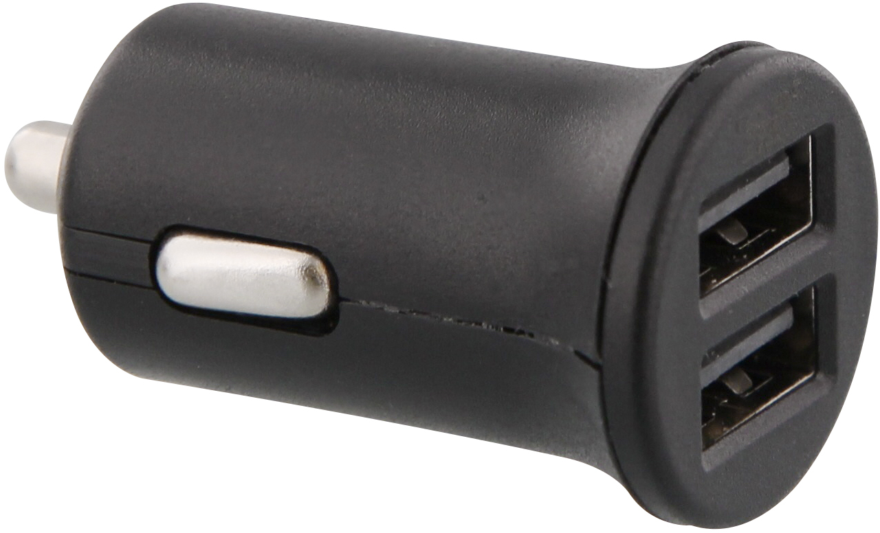 Chargeur de voiture noir avec deux ports USB.