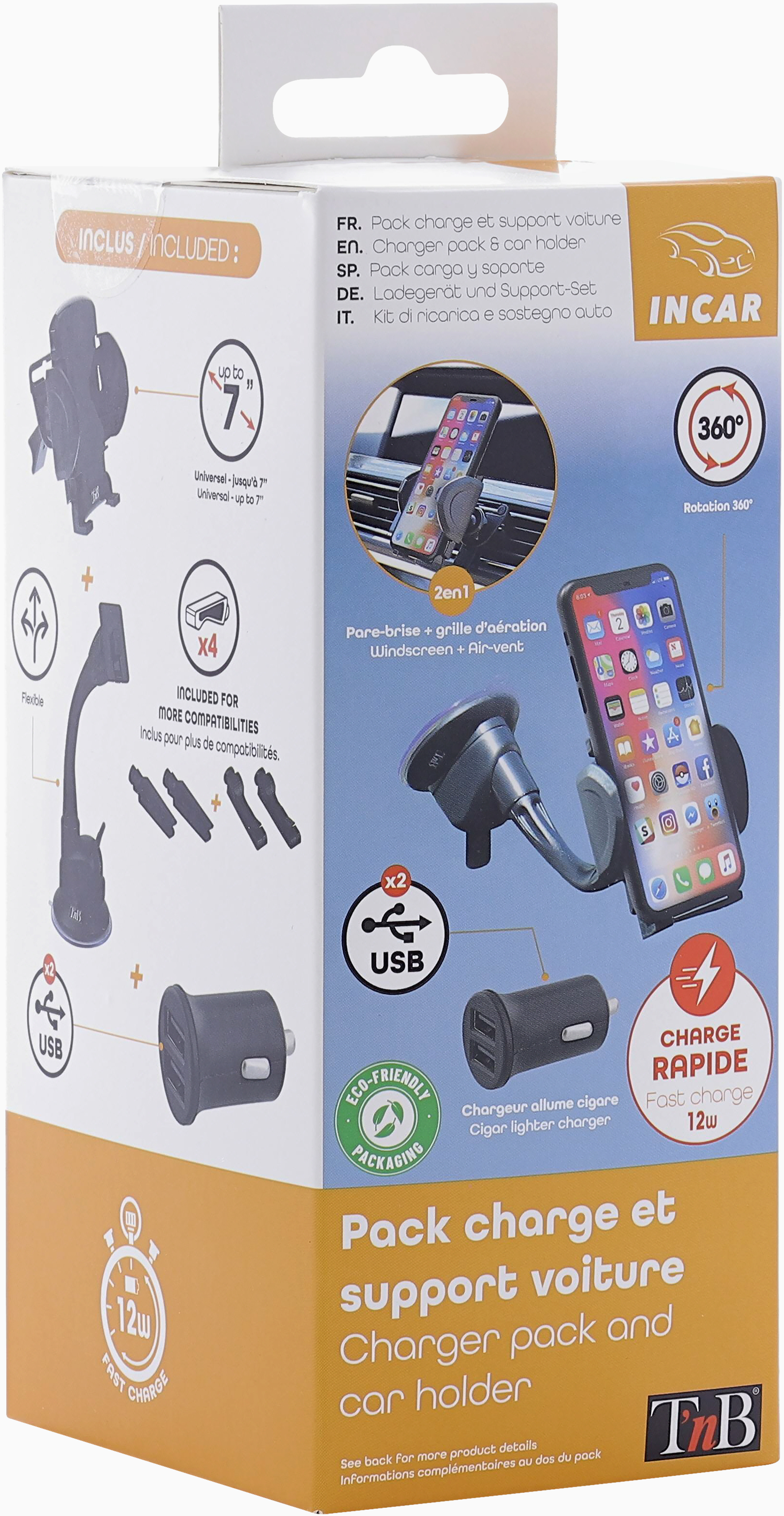 Emballage de support de téléphone de voiture, comprend support, chargeur et accessoires. Plusieurs langues sont présentes.