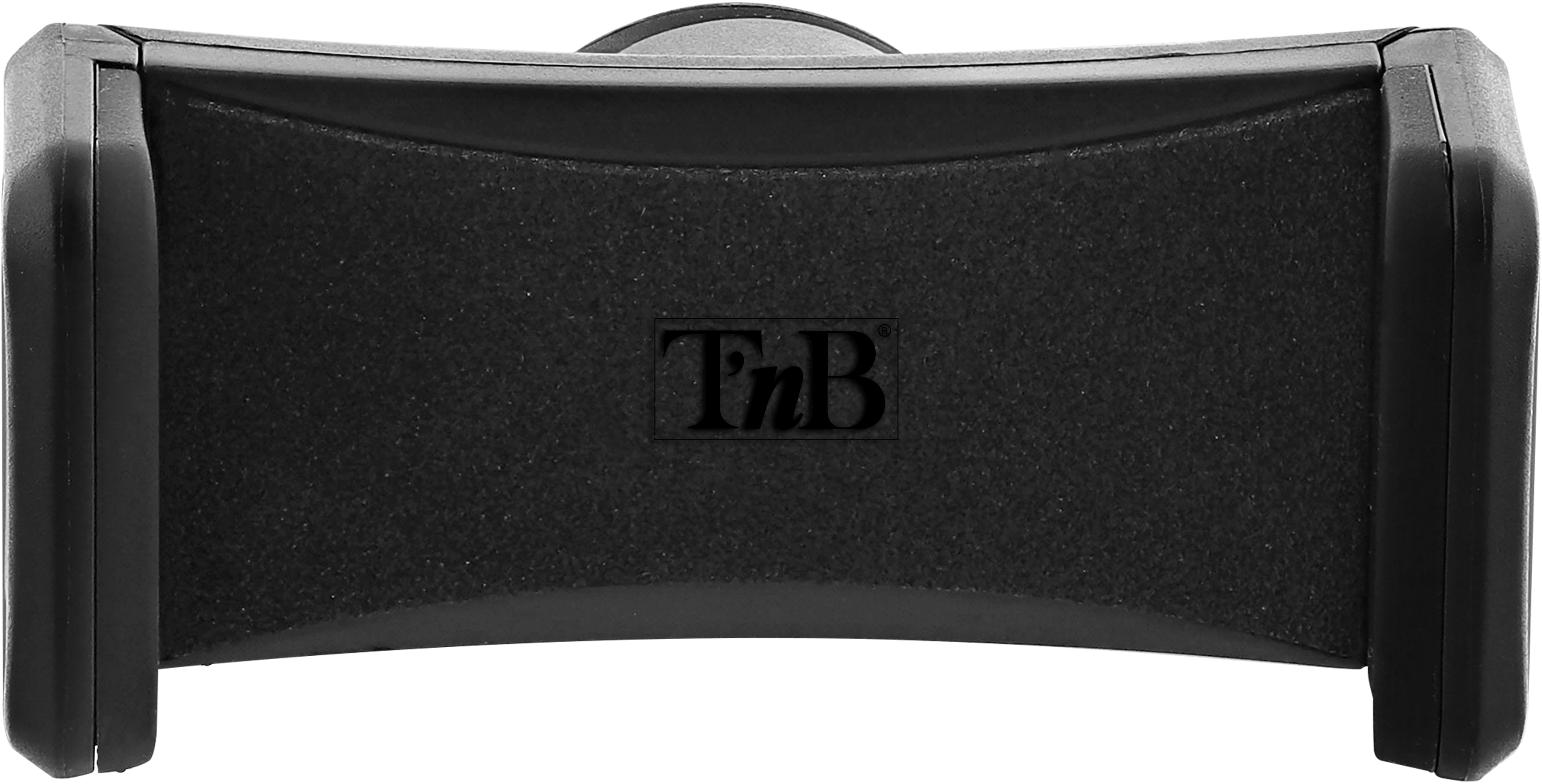 Support de téléphone noir avec le logo 'TnB' en relief. Il a des bords incurvés et une surface texturée.
