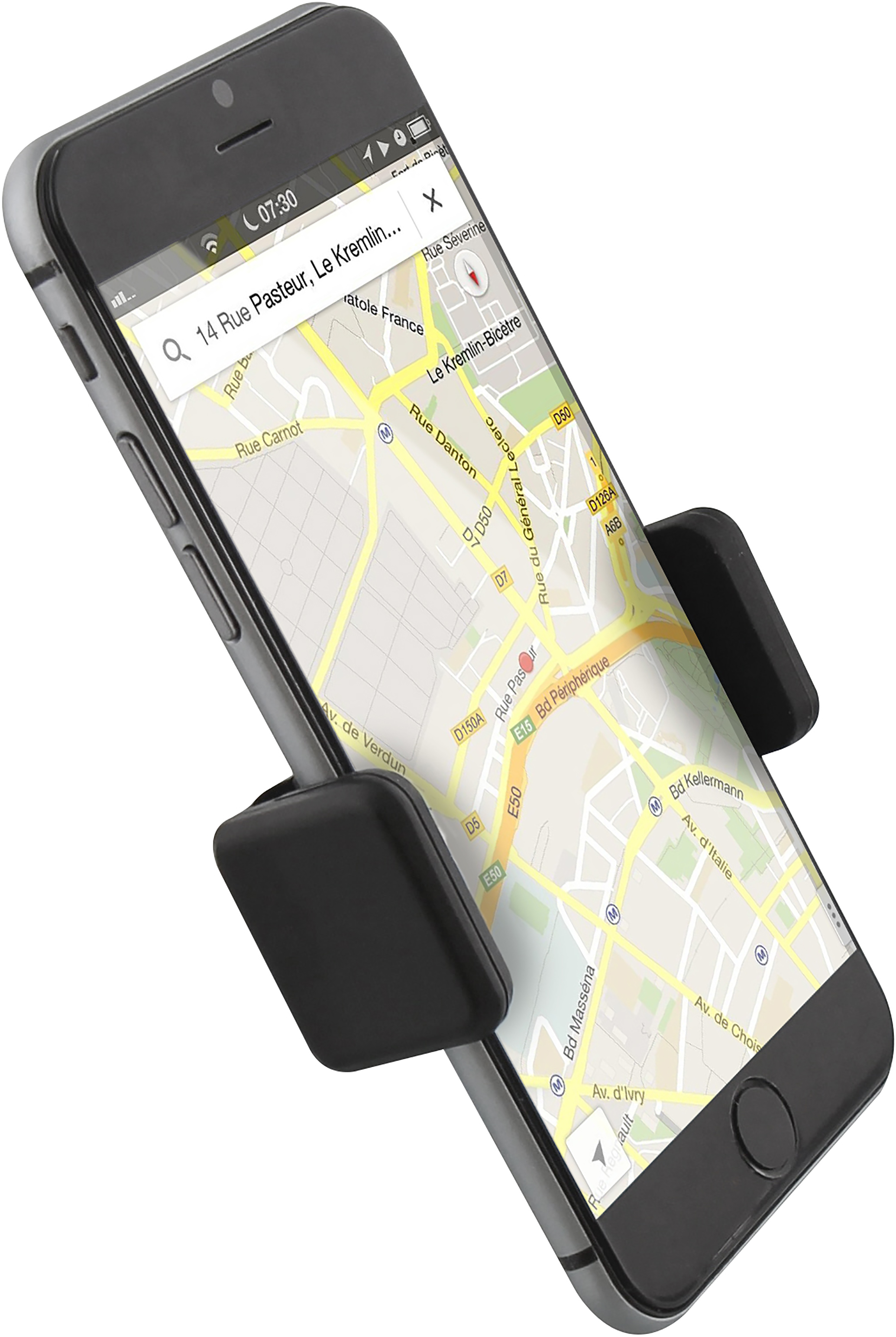 Téléphone dans un support, montrant une carte, avec une adresse.