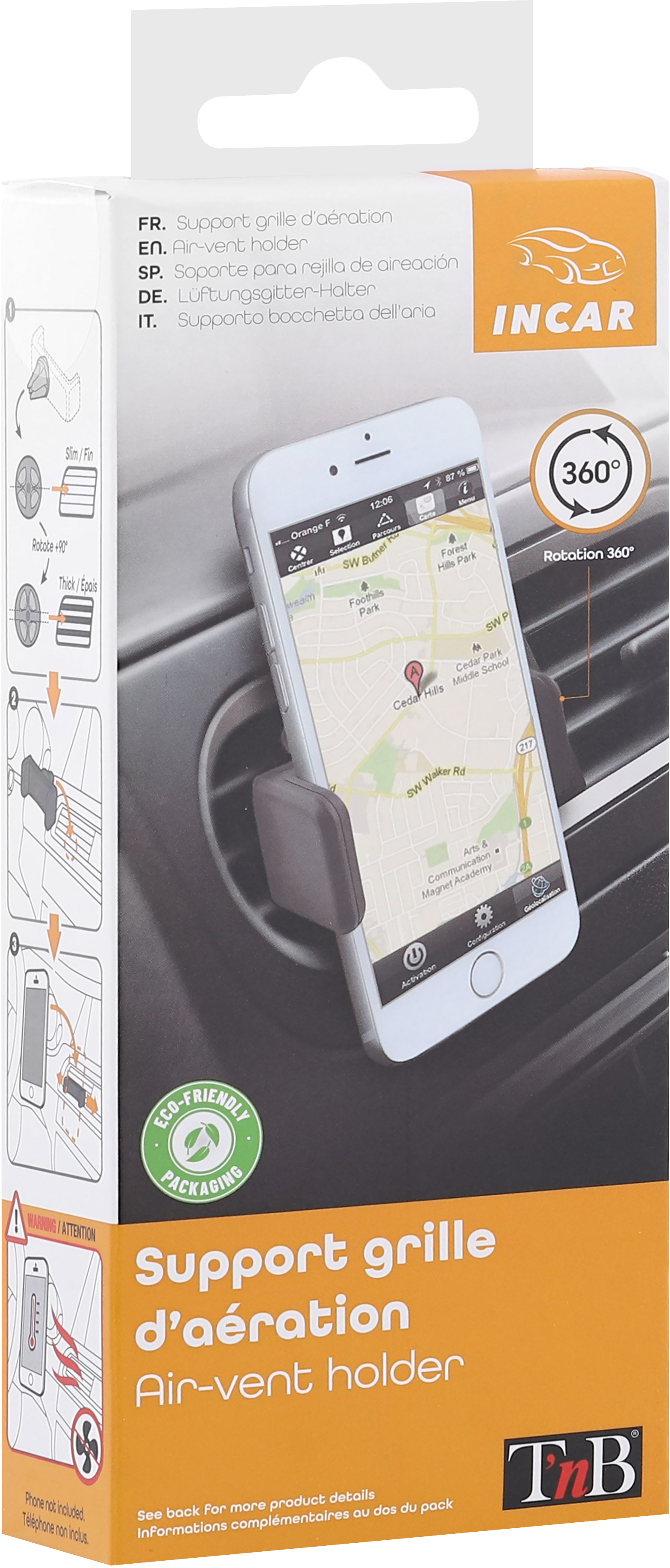 Support de téléphone pour grille d'aération de voiture, avec carte affichée.