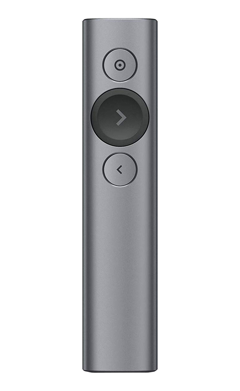 Telecomando argentato con tre pulsanti: un cerchio, una freccia destra e una sinistra.