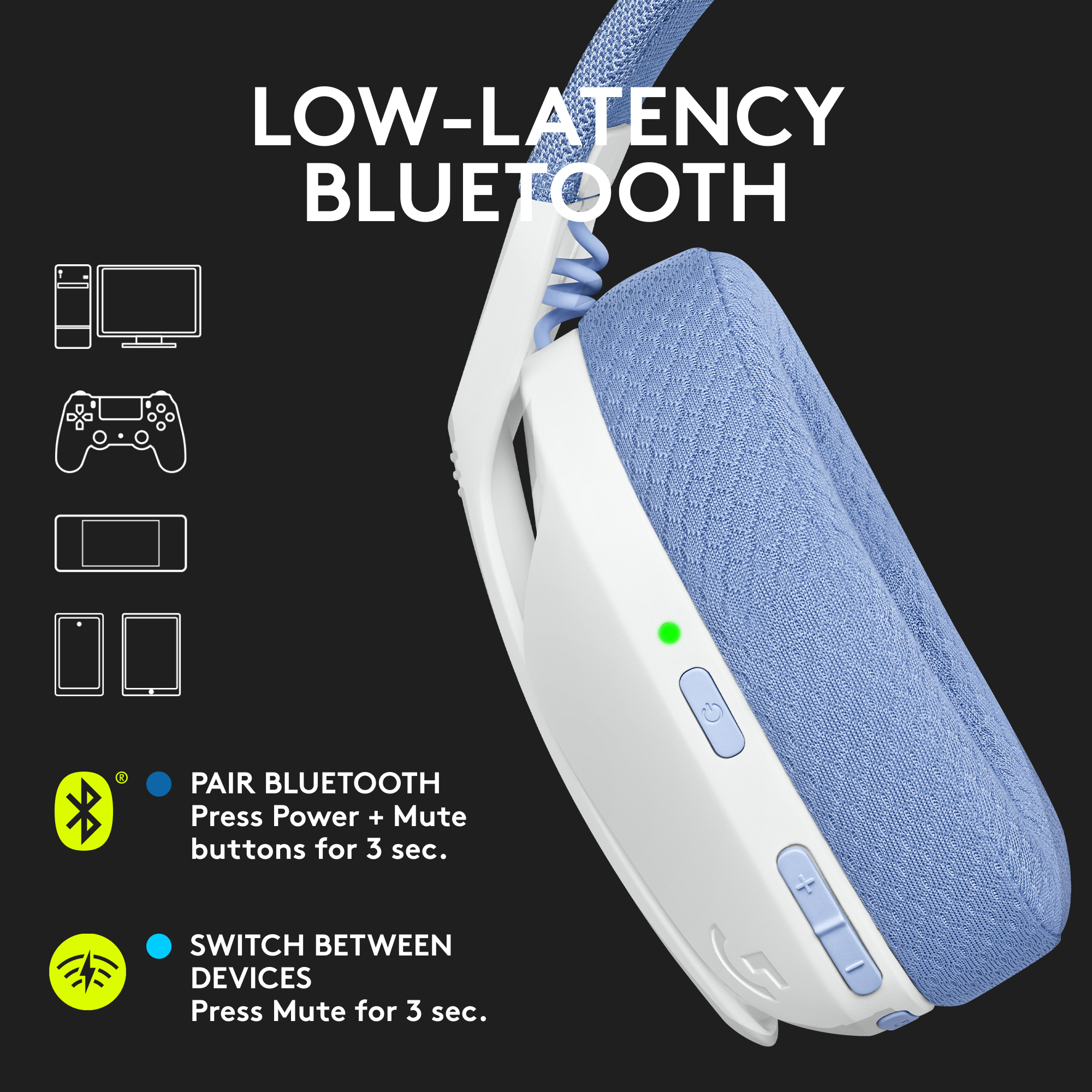 Weiße und blaue Kopfhörer mit einer Taste, die Low-Latency-Bluetooth anzeigt.