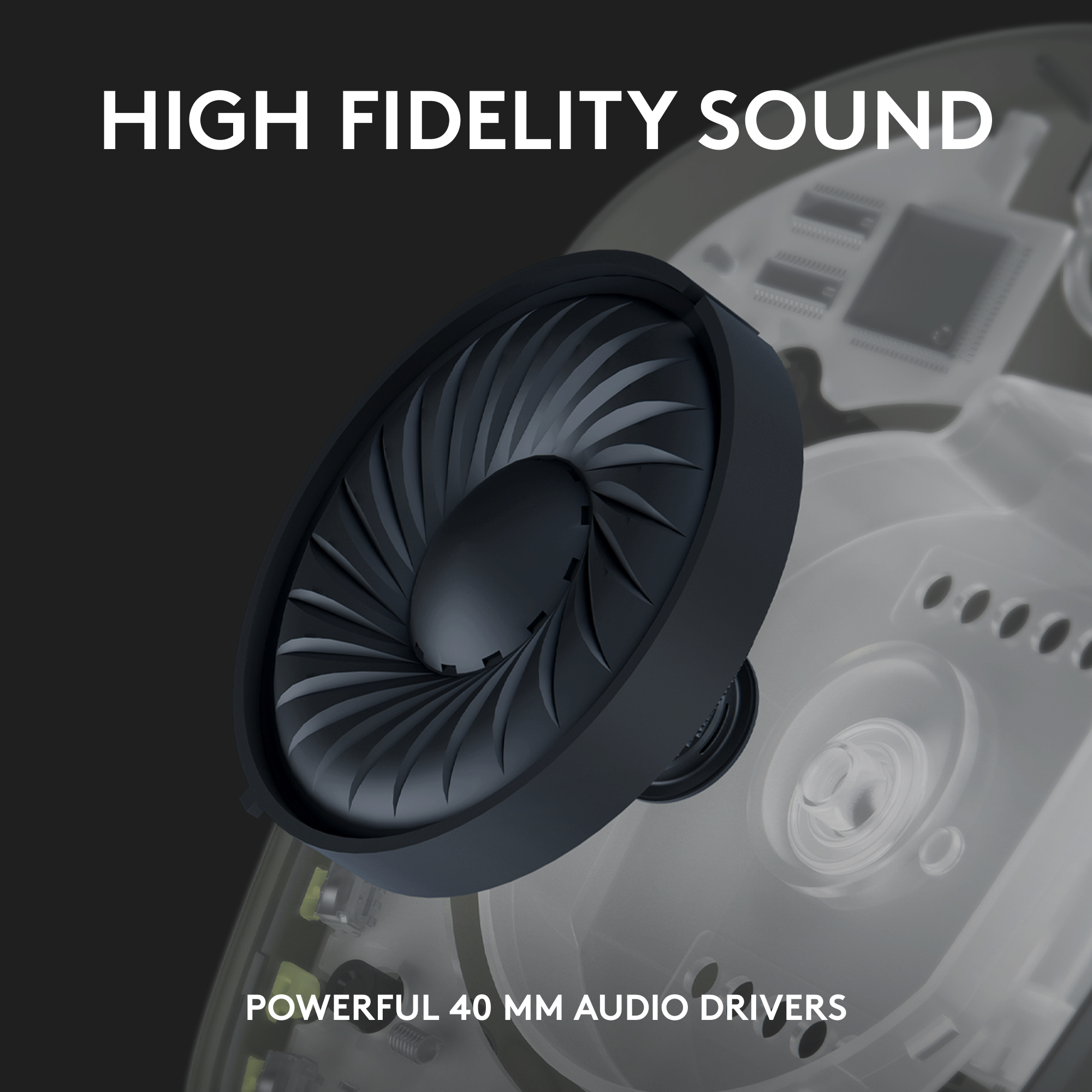 Nahaufnahme eines schwarzen Lautsprechers mit Mesh-Design und High Fidelity Sound.