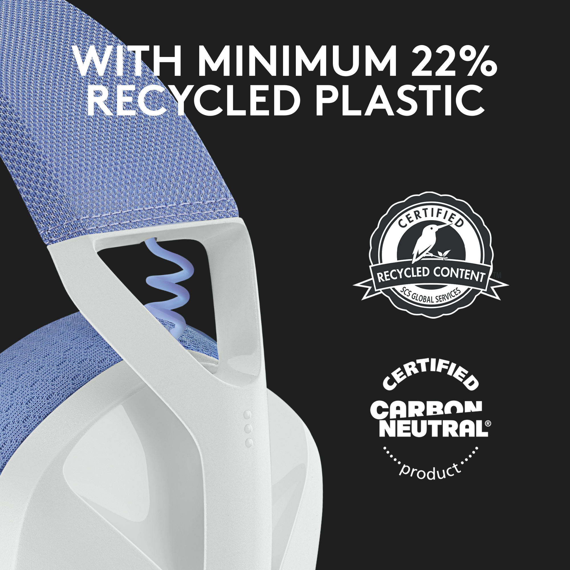 Nahaufnahme eines weißen und blauen Gaming-Headsets. Text sagt 'Recycled Content'.