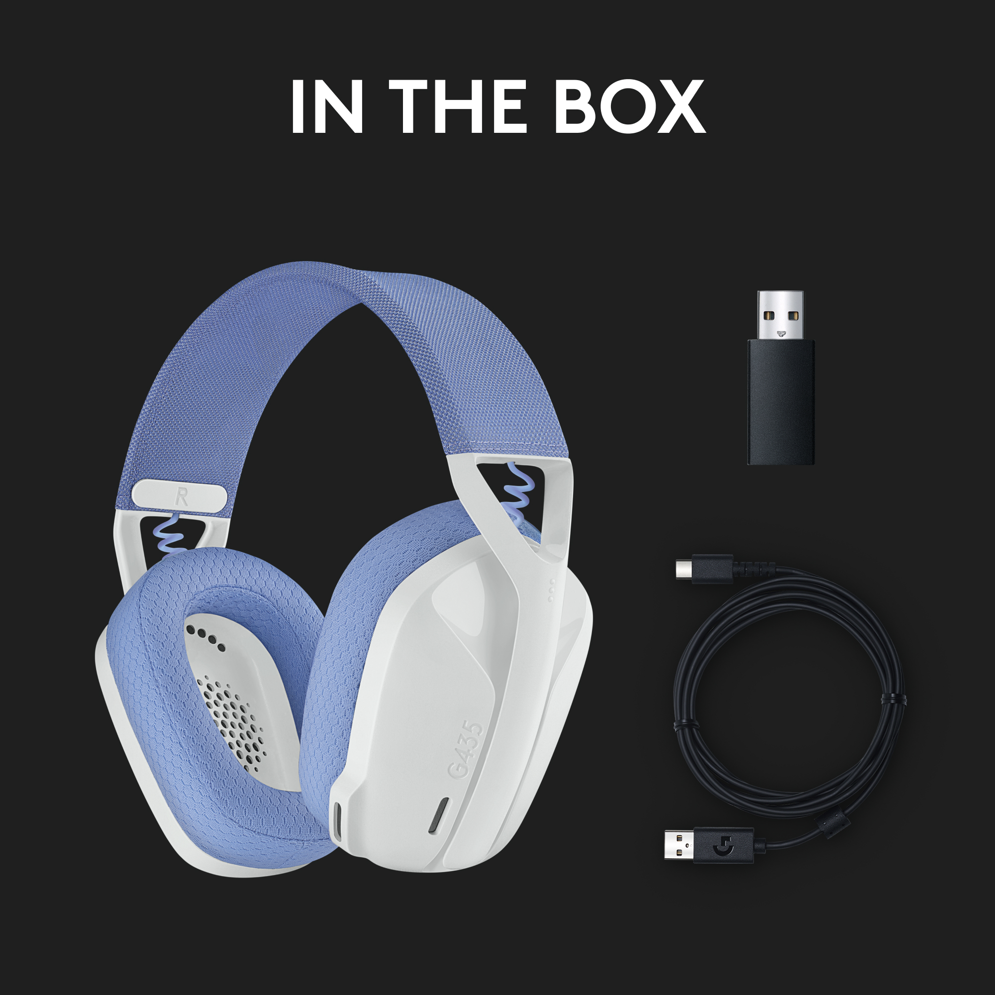 Kopfhörer, USB-Dongle und Kabel auf schwarzem Hintergrund, Text IN THE BOX.
