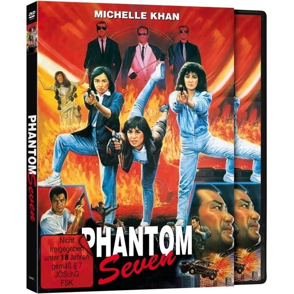 DVD-Cover mit Action-Szene und Frauen mit Waffen, Titel 'Phantom Seven'.